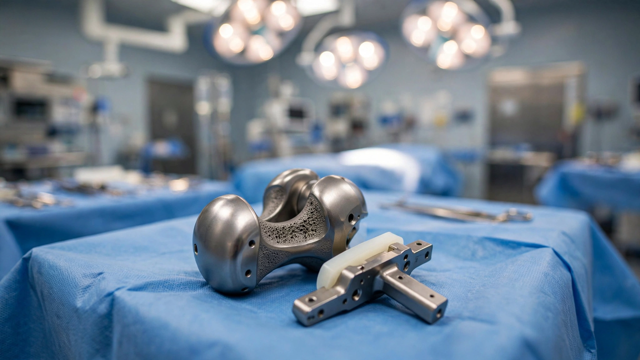 A titanium knee replacement implant resting on a blue sterile surgical drape in an orthopedic operating room