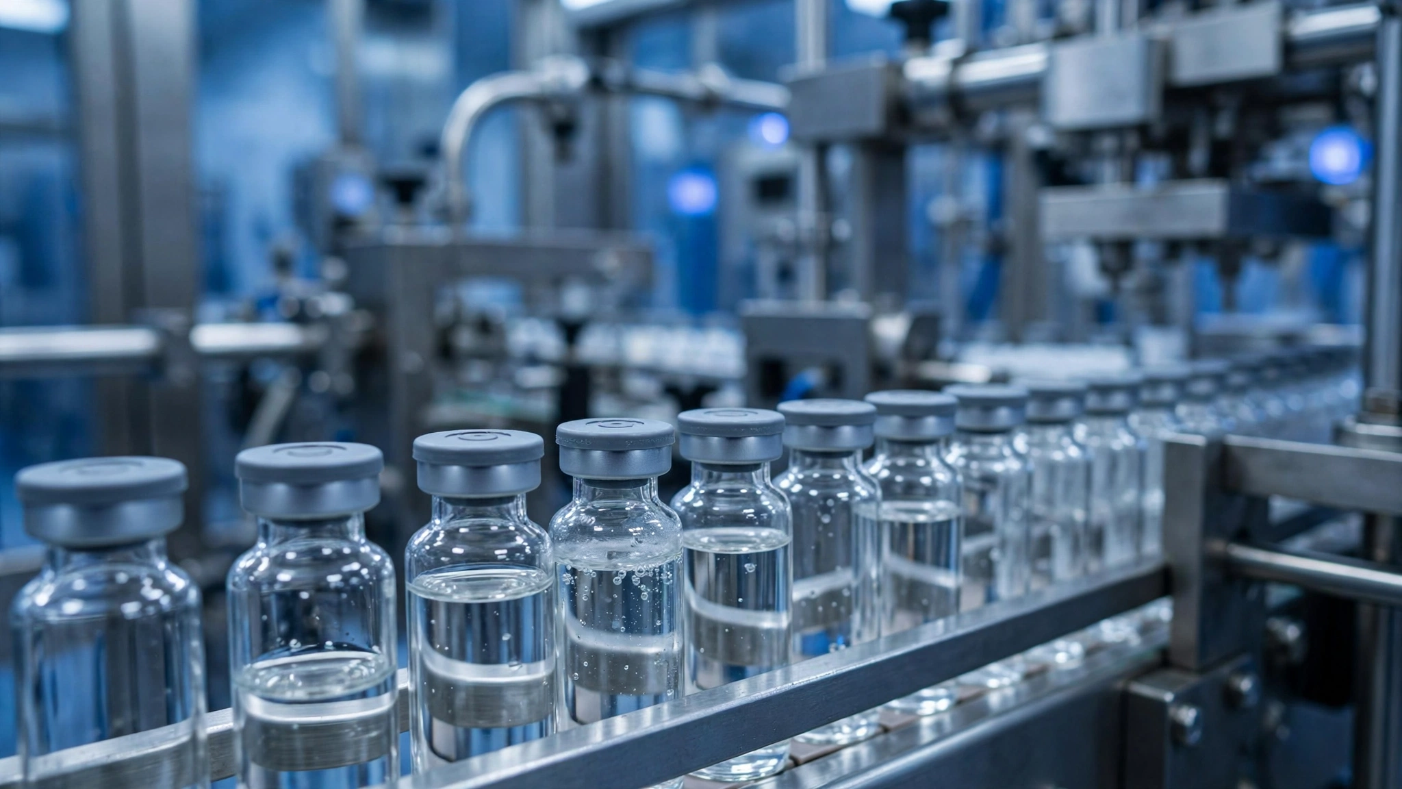 Rows of glass medicine vials with clear liquid on an automated pharmaceutical production line under cool blue lighting