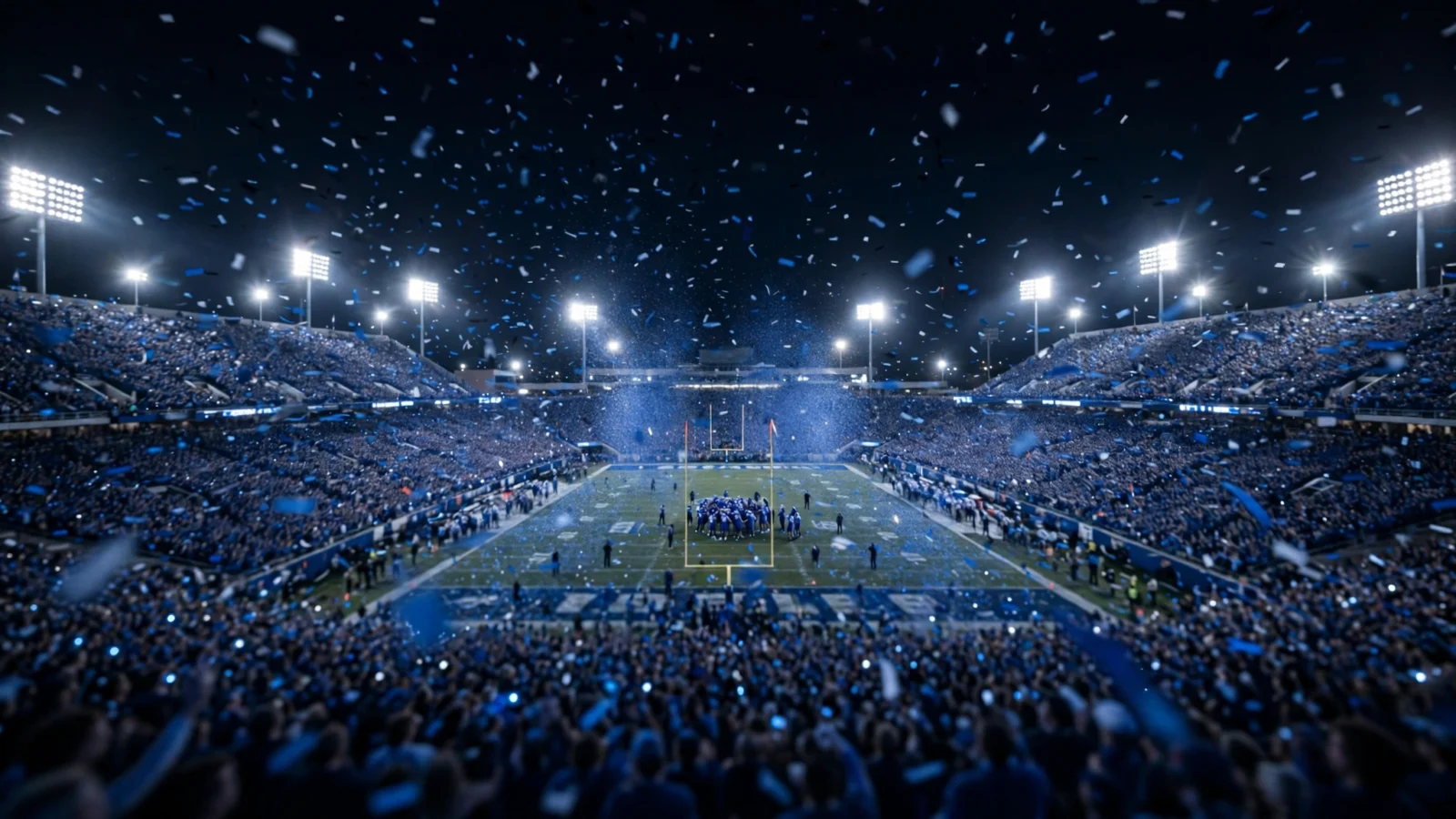 Night college football stadium packed with fans under floodlights as players celebrate on the field