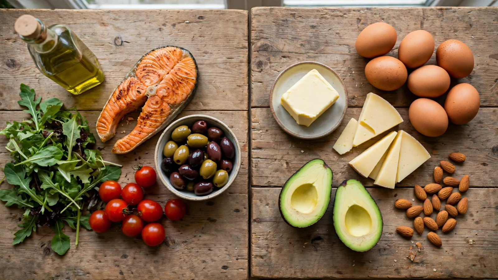 Overhead view of a wooden table with Mediterranean foods on one side (grilled salmon, olive oil, olives, tomatoes, greens) and keto foods on the other (eggs, butter, cheese, avocado, almonds)