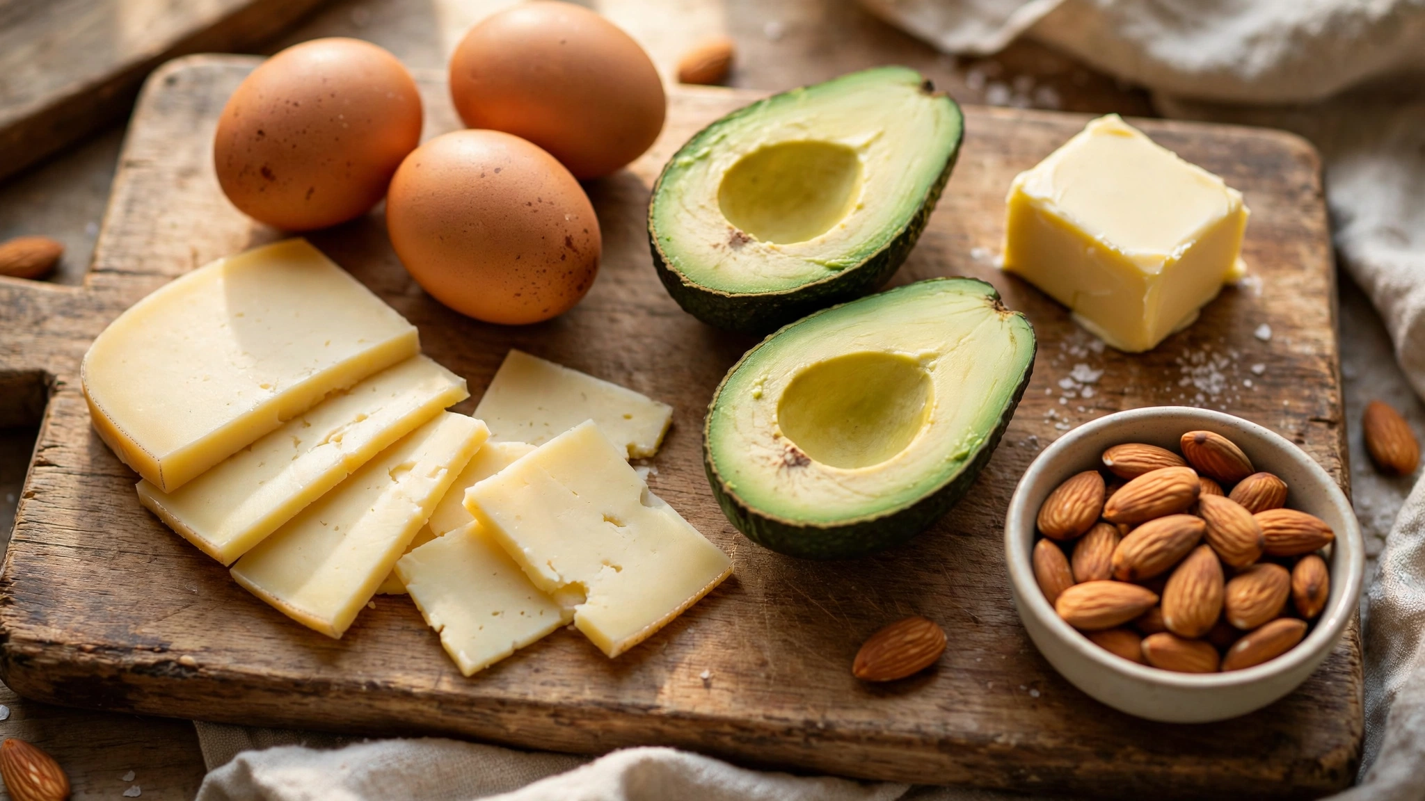 Sliced cheese, eggs, avocado halves, butter, and almonds on a wooden cutting board