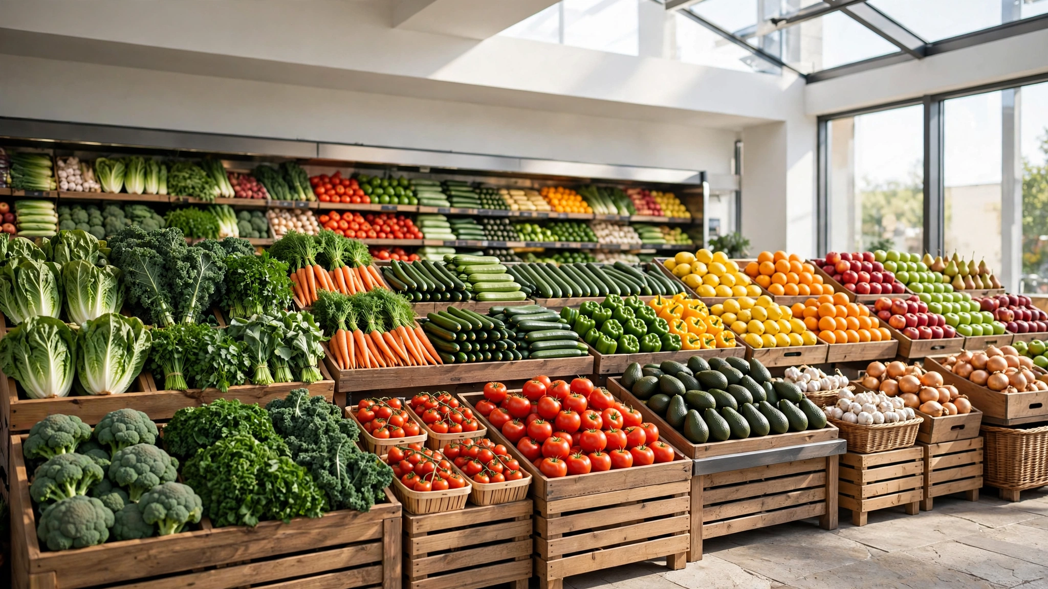 Neat rows of fresh vegetables and fruit in a grocery store produce section