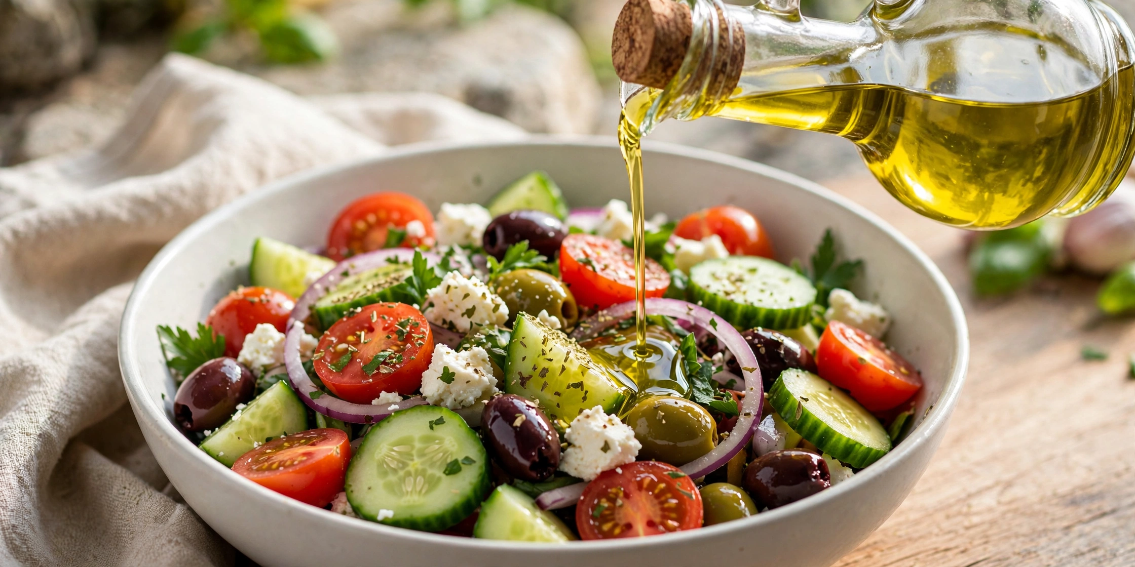 A Mediterranean salad of tomatoes, cucumbers, olives, red onion, and feta being drizzled with olive oil