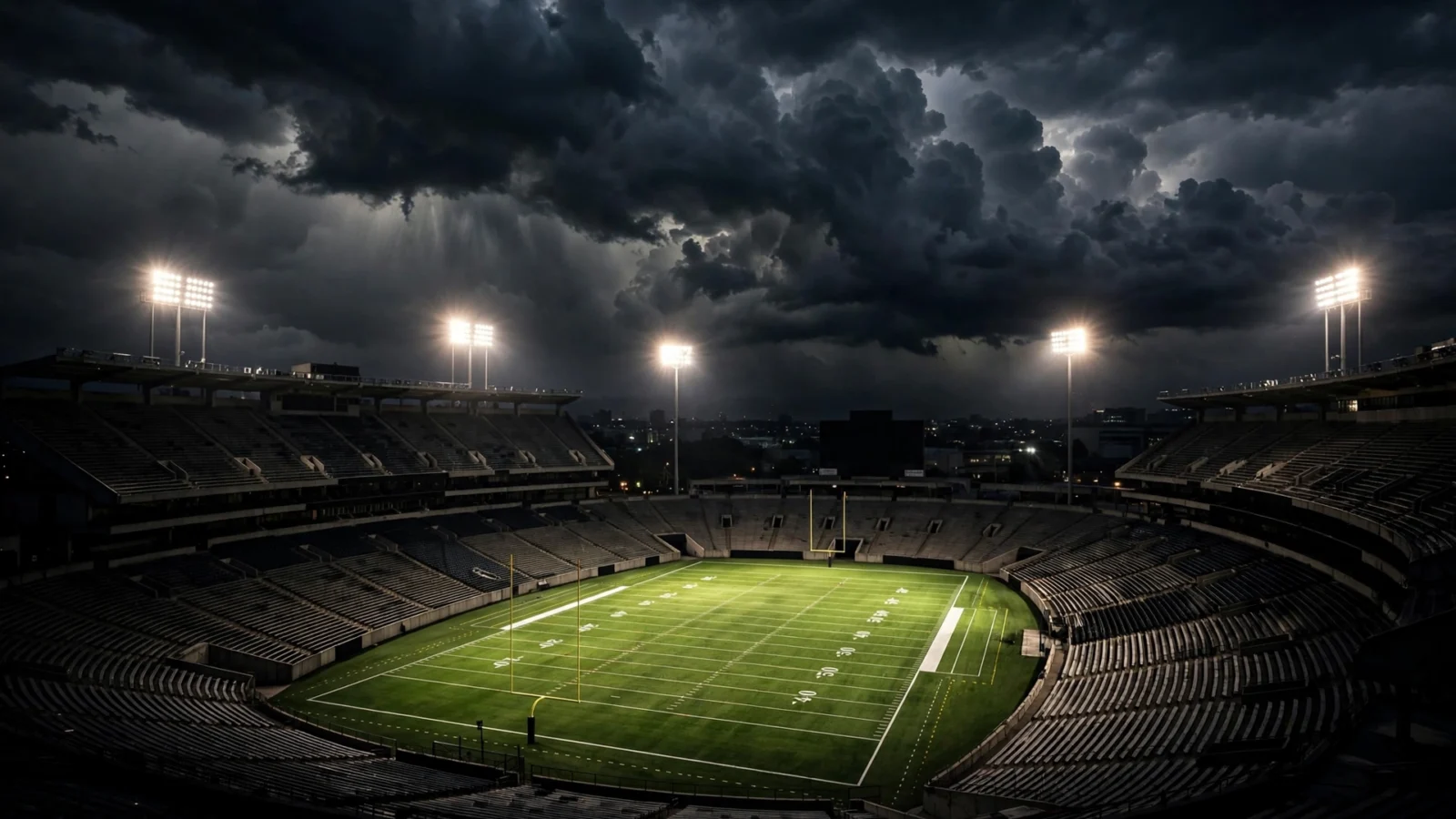 An empty football stadium at night with floodlights blazing over a green field under dark clouds