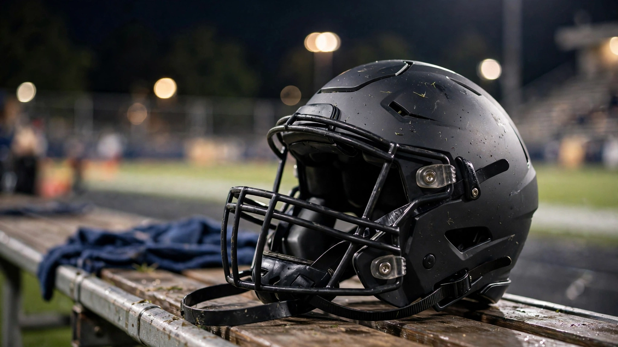A football helmet resting on a sideline bench at night with blurred stadium lights behind