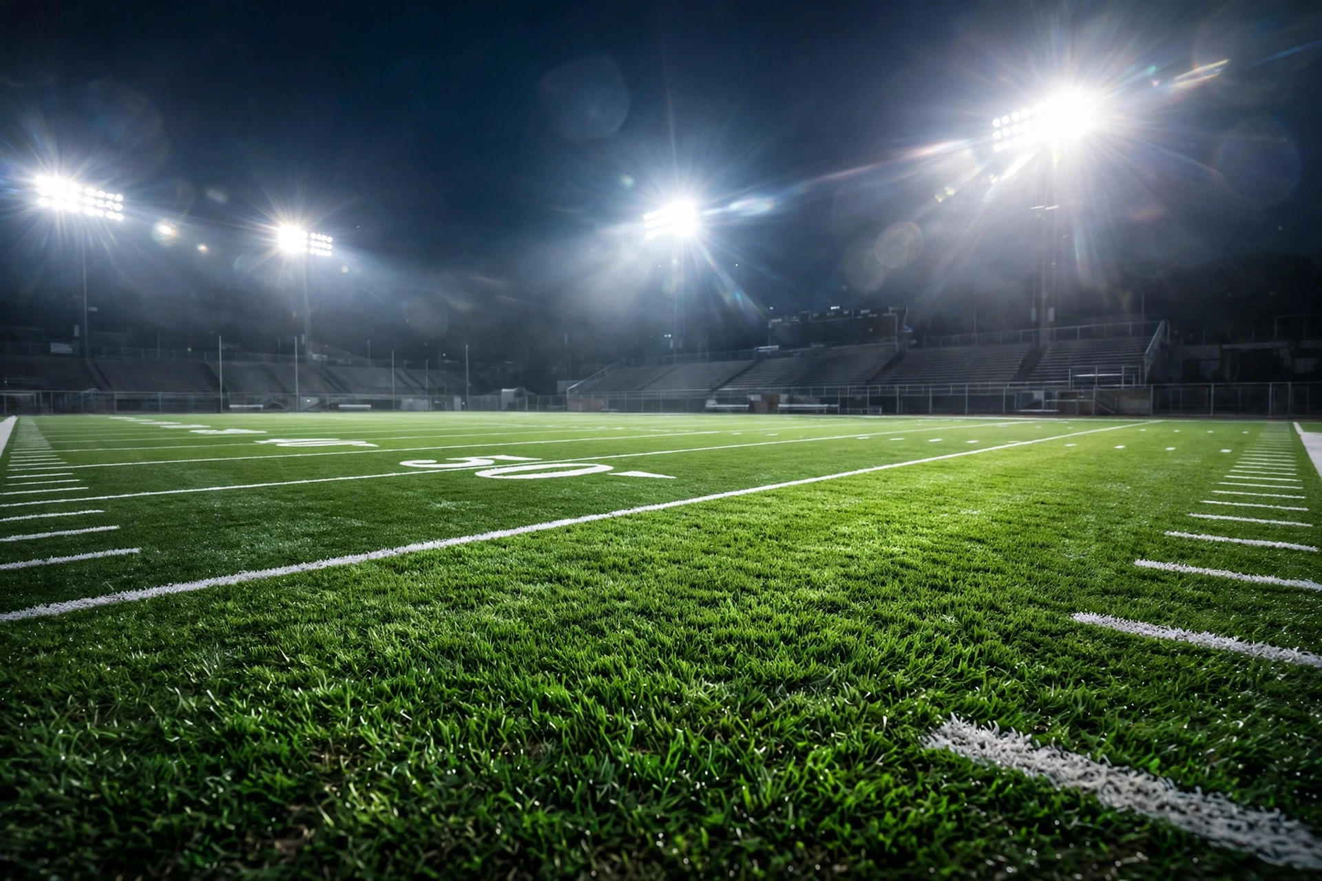 Yard lines on an empty football field seen low from the turf under floodlights at night