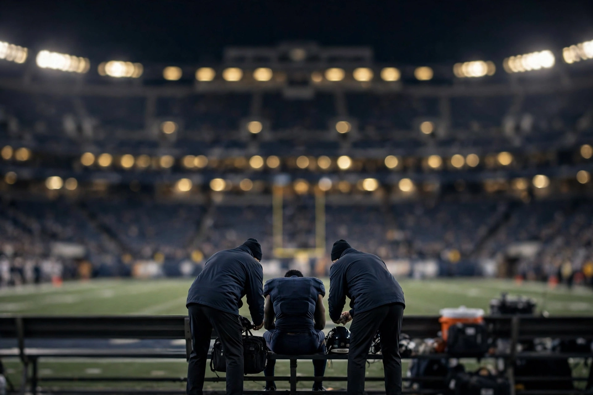 Two trainers seen from behind attending to a seated football player on the sideline at night