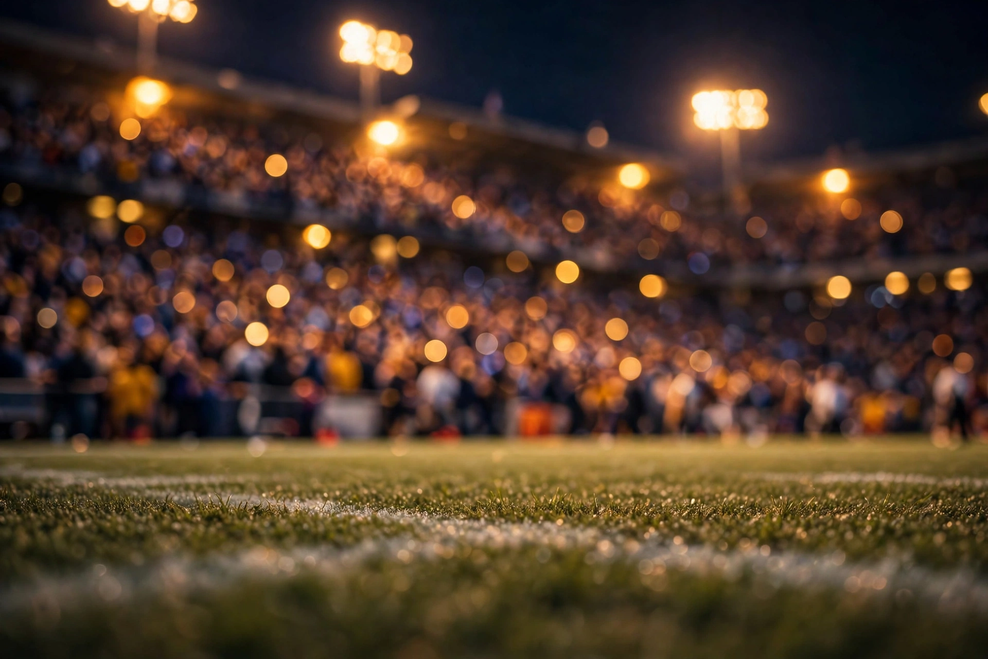 A blurred stadium crowd at night under a floodlight glow
