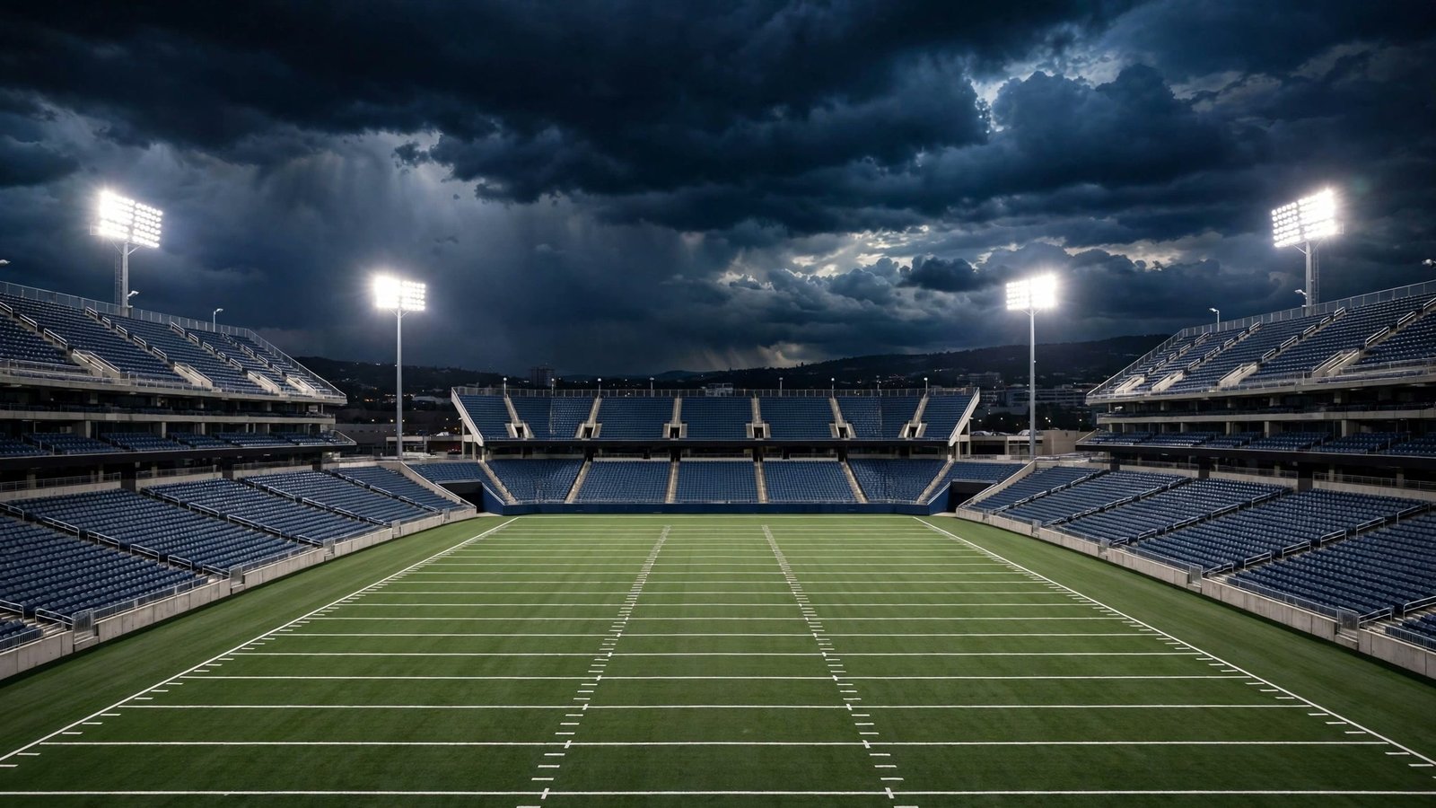 Empty American football stadium at night under floodlights