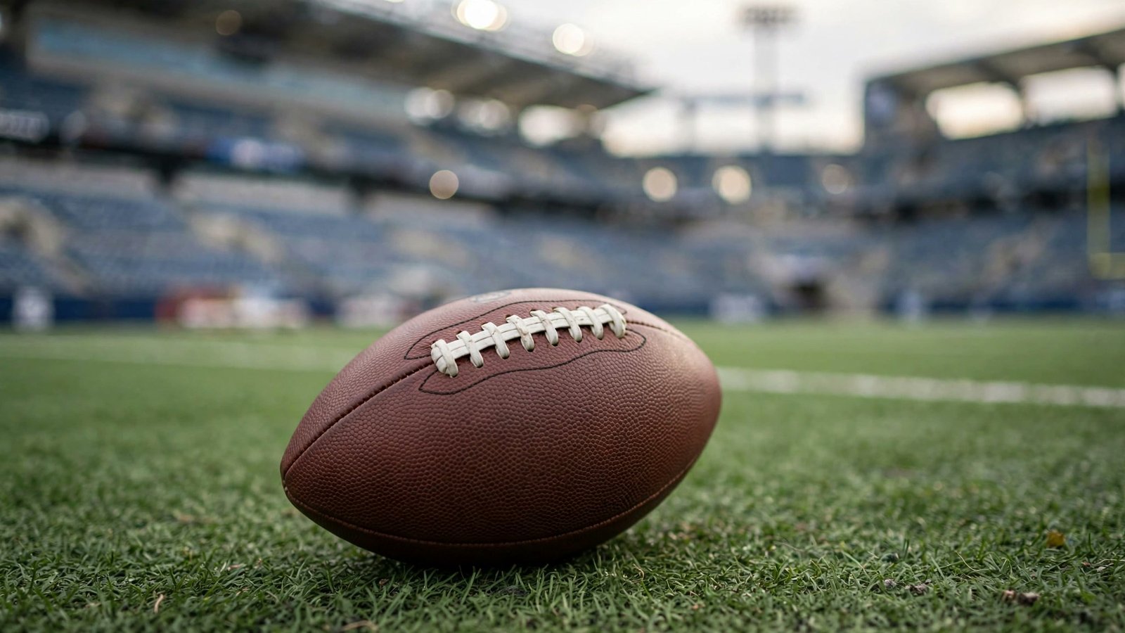 A leather football resting on green turf with a stadium blurred behind it