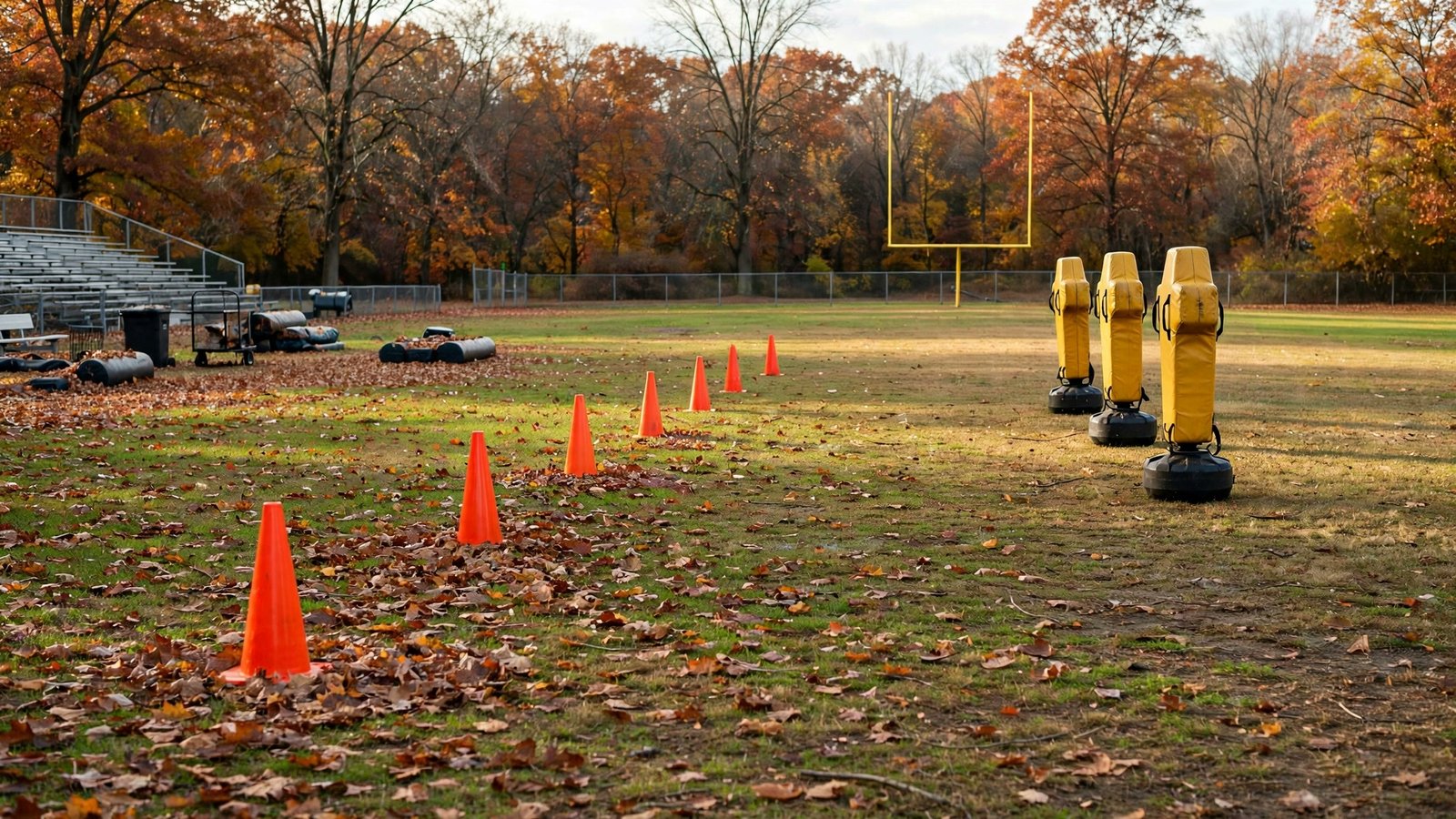 Empty football practice field with orange training cones and yellow tackling dummies