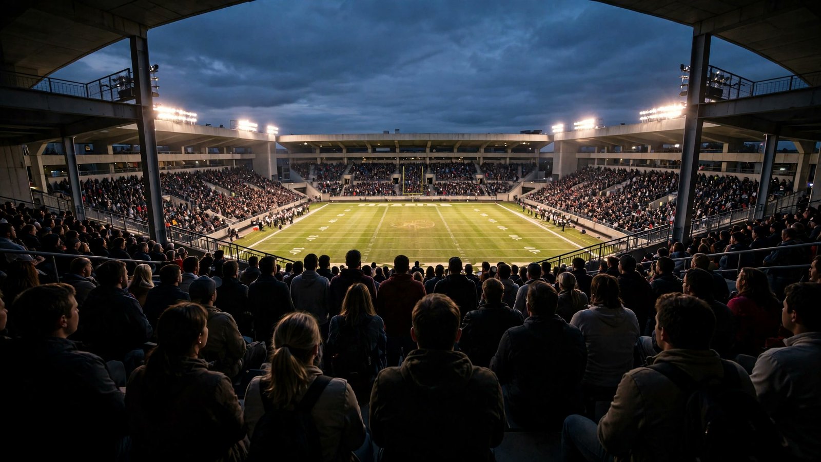 Fans filling stadium stands at dusk, viewed from behind, looking down at a lit football field