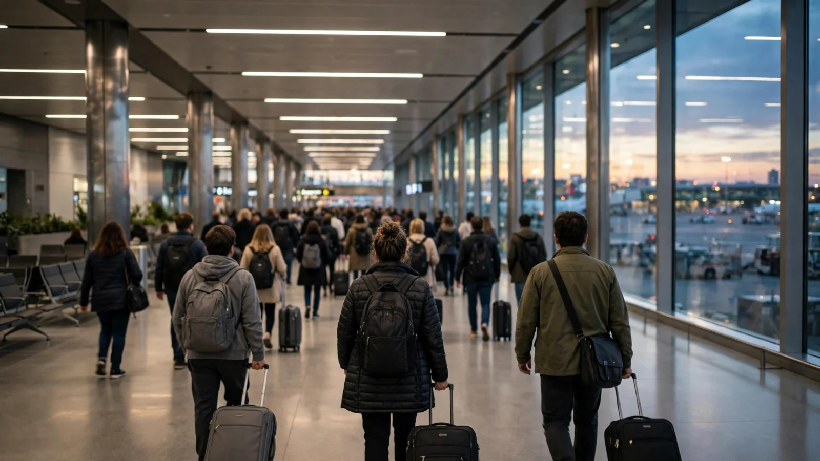 Travelers with luggage walk through an international airport terminal at dusk