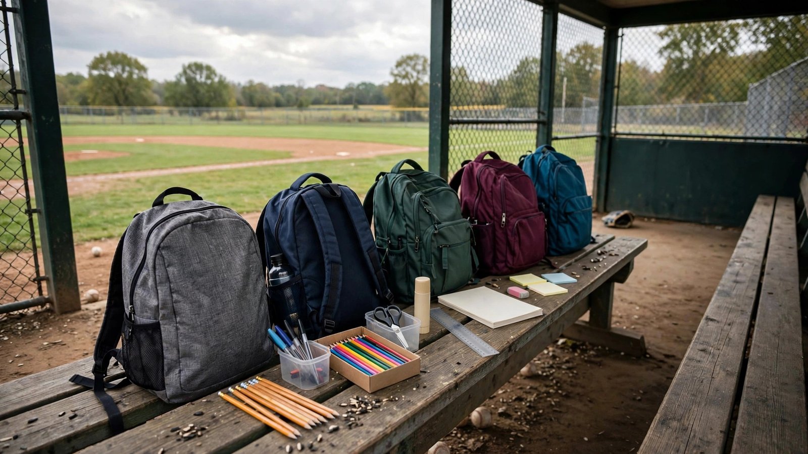Five backpacks and school supplies on a wooden bench in a baseball dugout