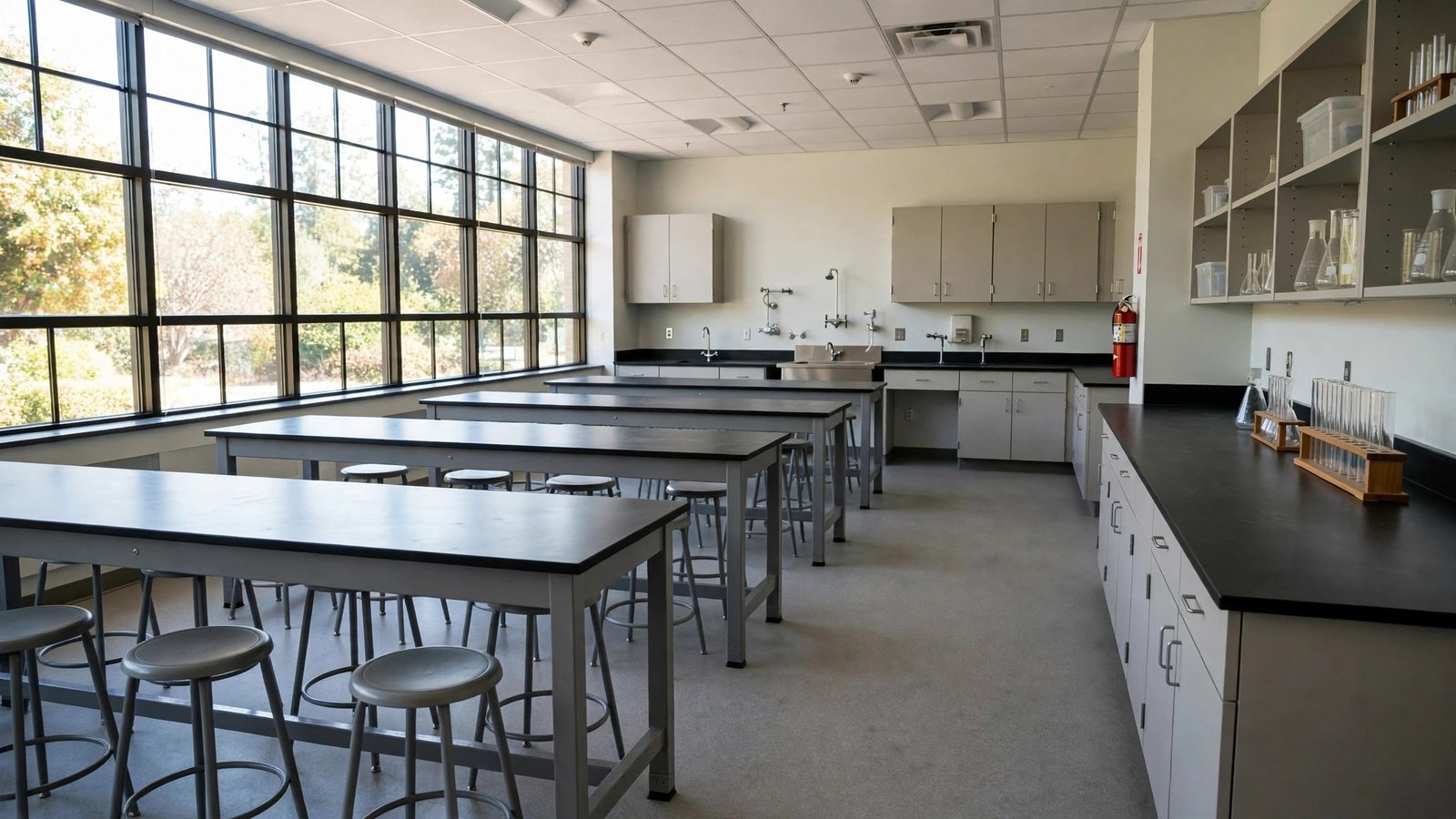 An empty school science classroom with lab tables, stools, sinks and glassware on shelves