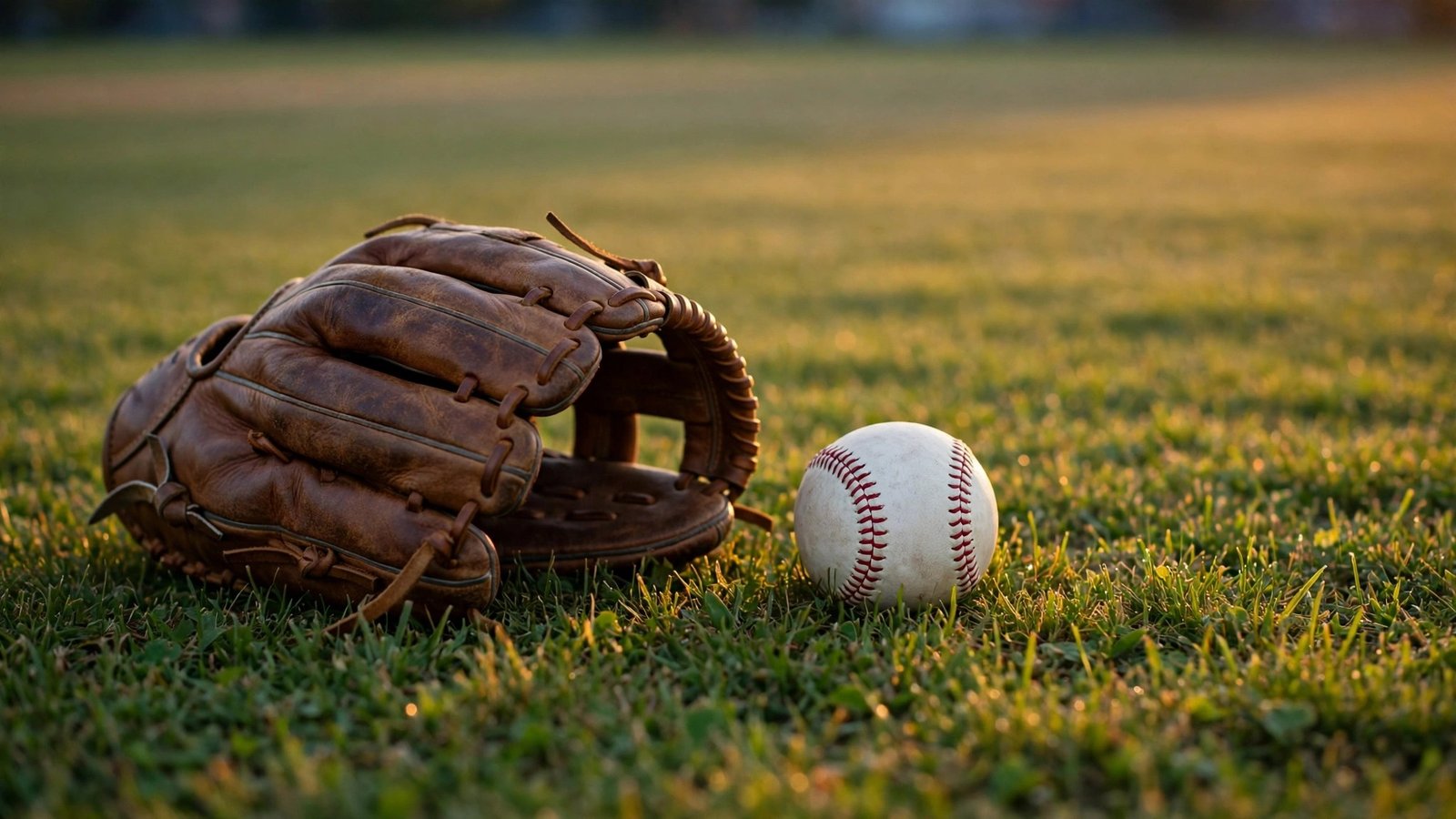 A brown leather baseball glove and a white baseball resting on green grass