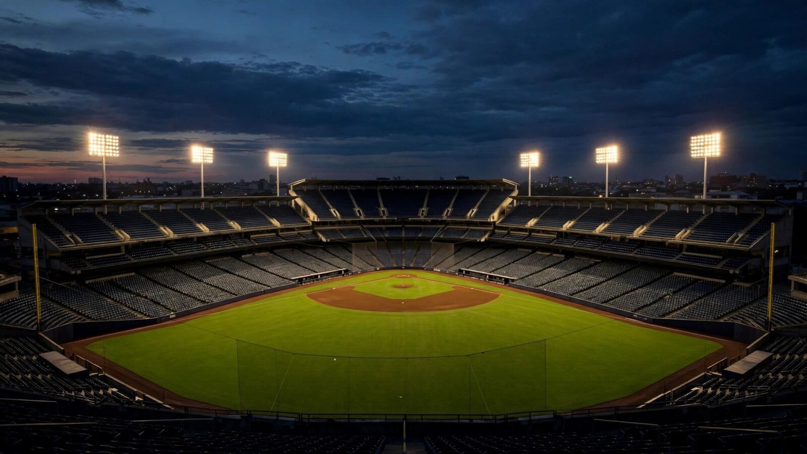 An empty baseball stadium at dusk with floodlights on over a green field