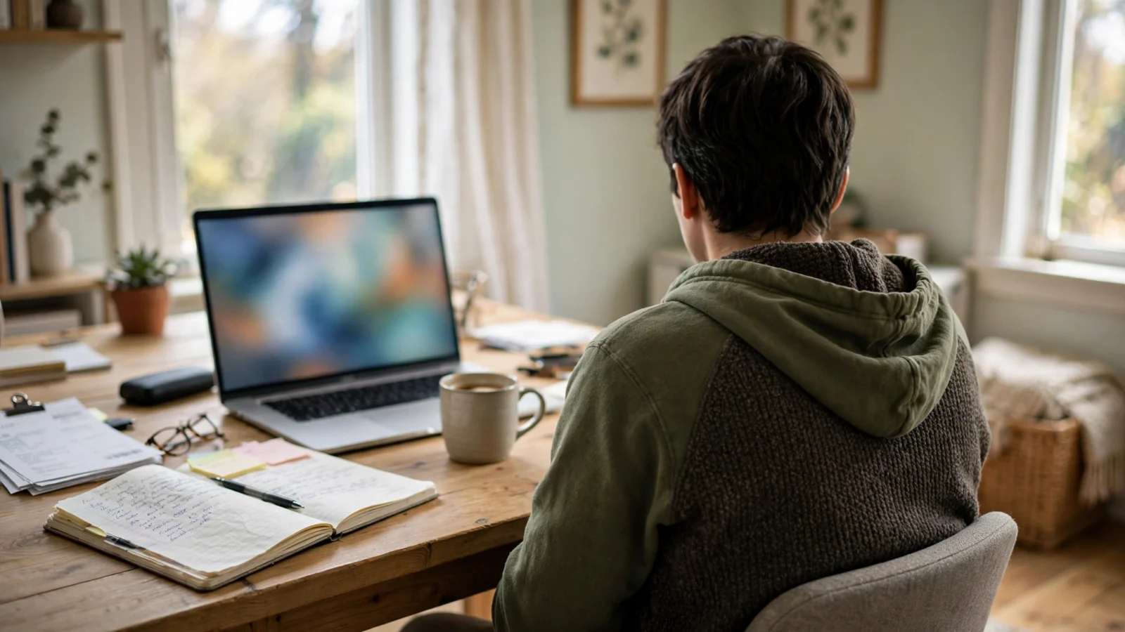 A person seen from behind working on a laptop at a wooden desk in a home office