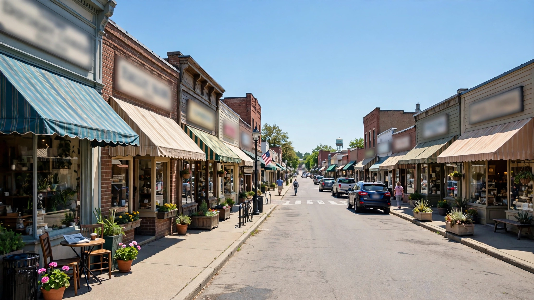Small business storefronts with awnings along a sunny main street