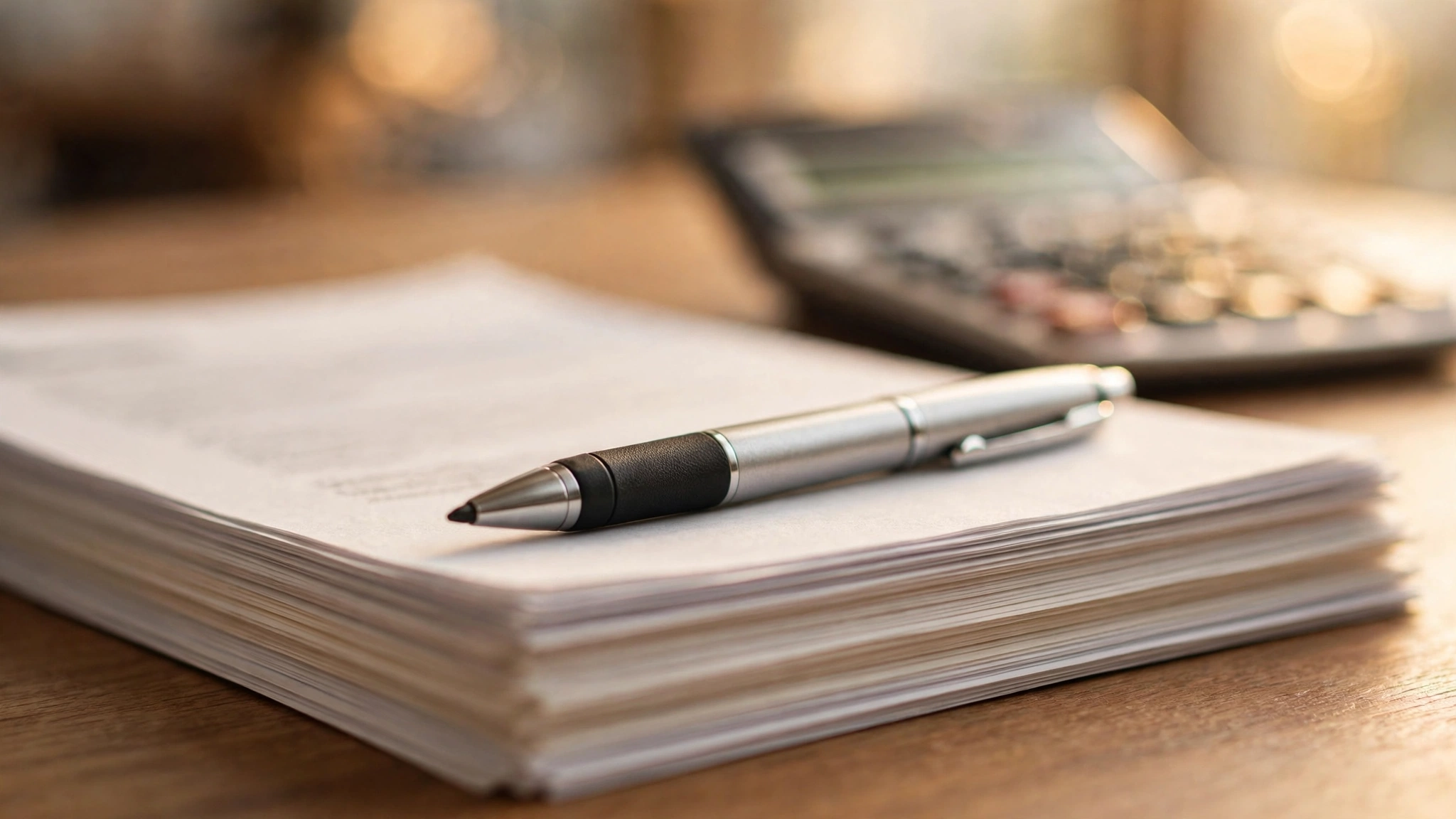A pen resting on a stack of business documents on a desk with a calculator out of focus behind them