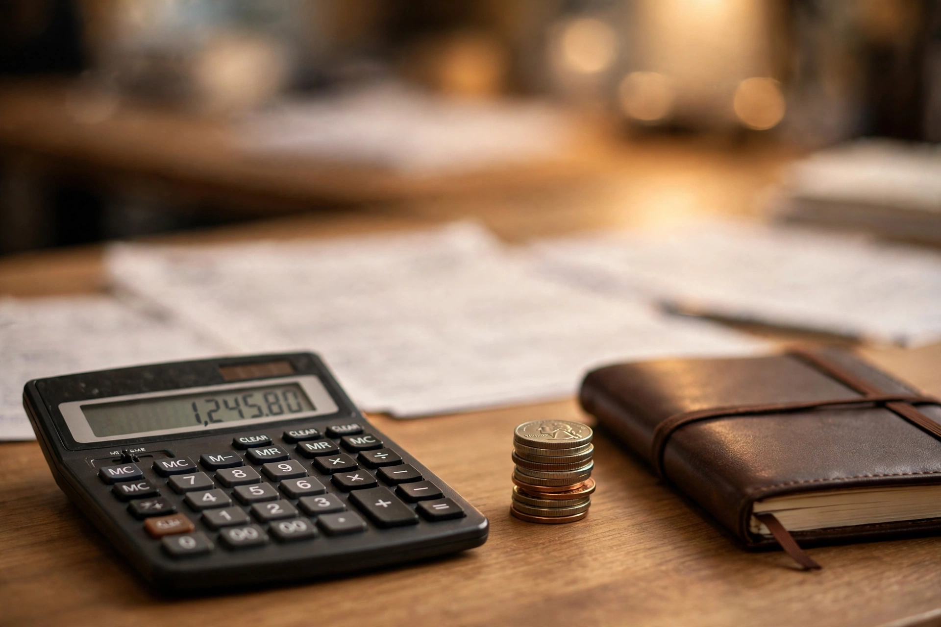 A calculator, a stack of coins, and a notebook on a desk beside tax paperwork