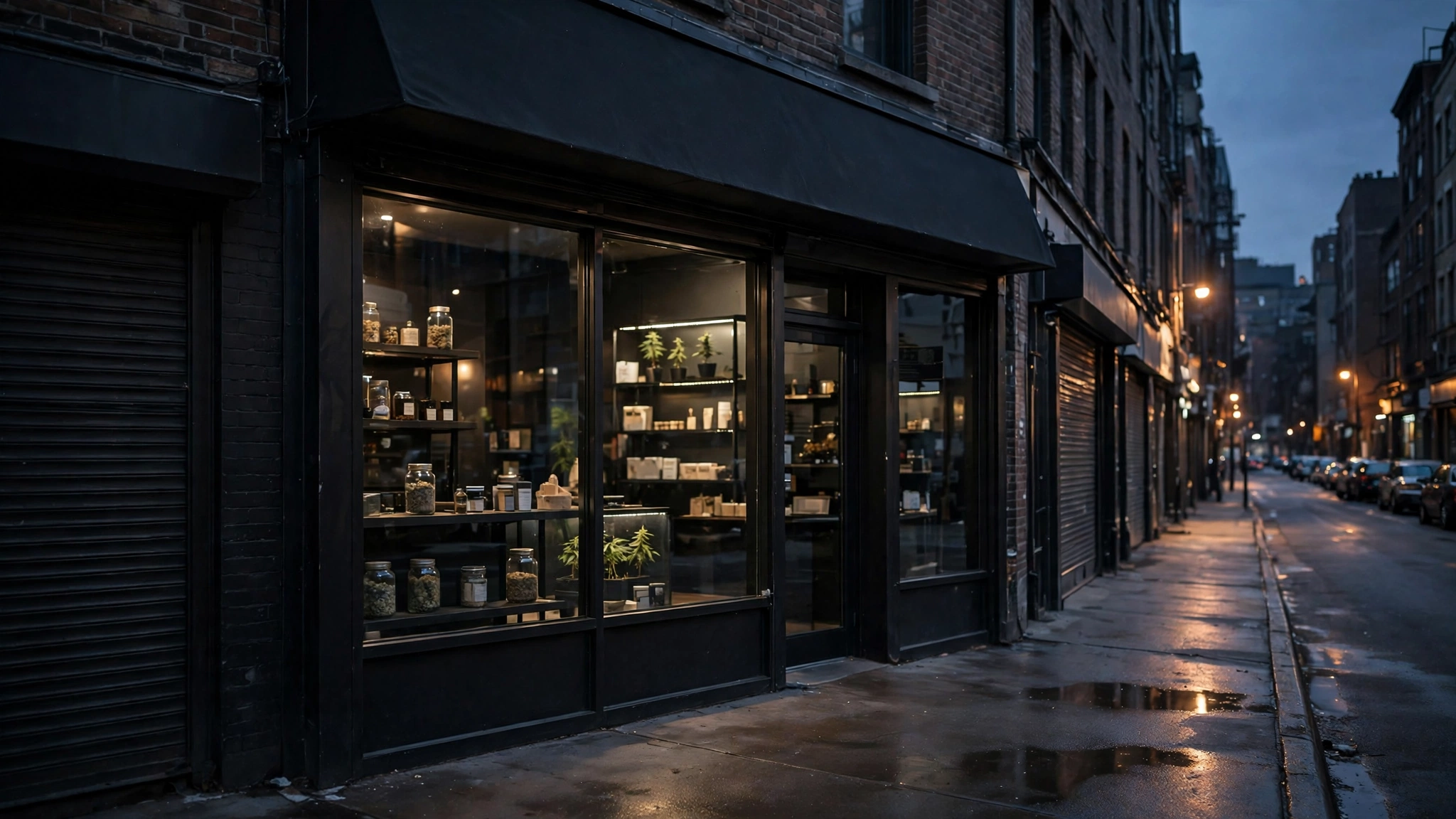 A dark storefront with glass windows showing jars and plants on shelves at dusk, no signage visible