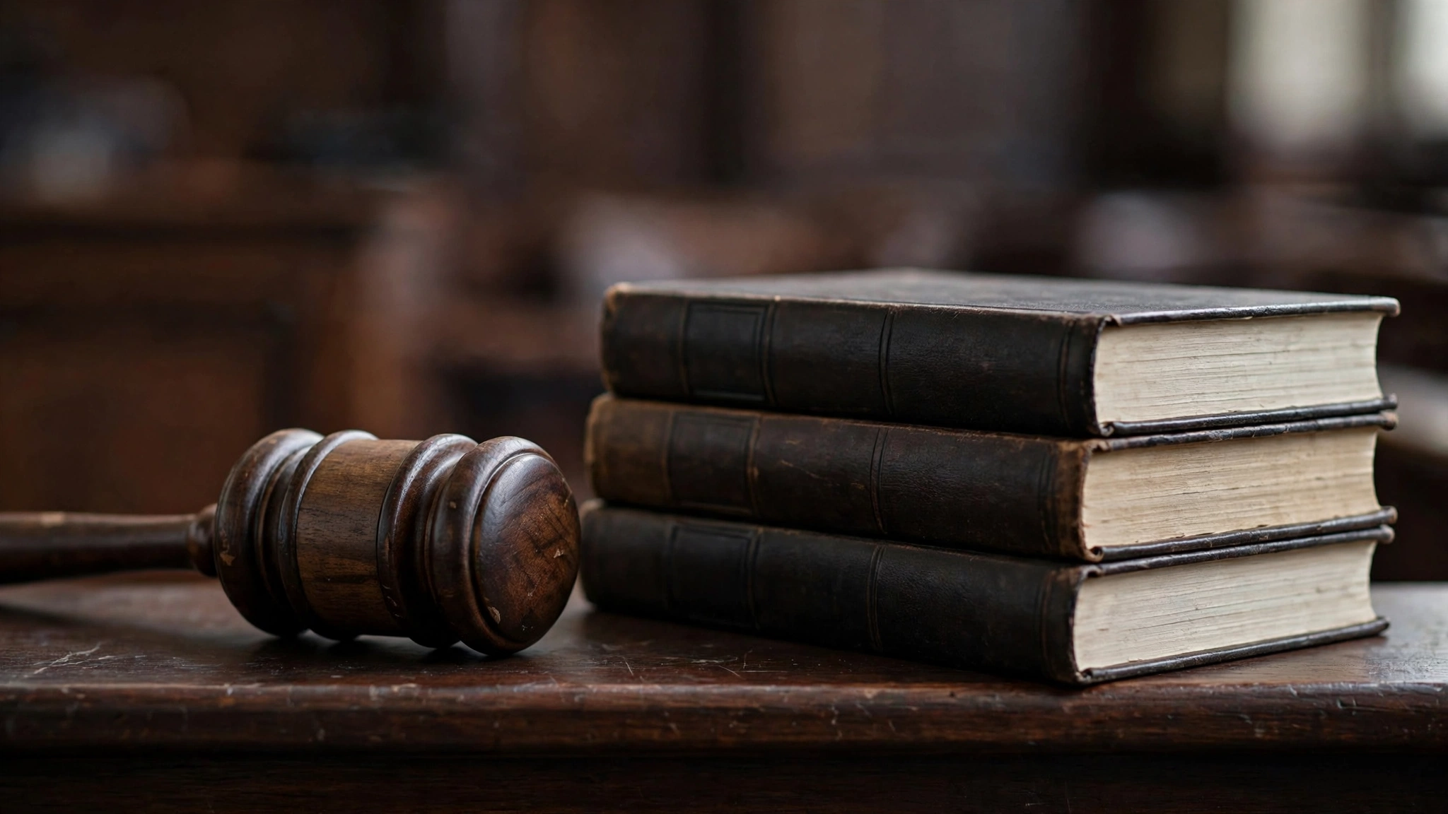 A wooden judge's gavel resting beside a stack of law books on a courtroom bench