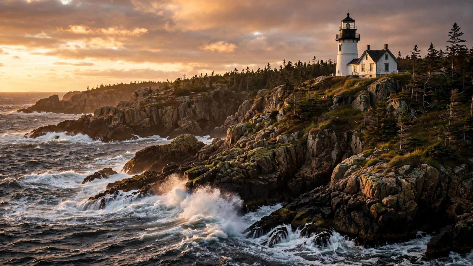 A lighthouse on rocky cliffs along the Maine coastline at sunset, waves crashing below
