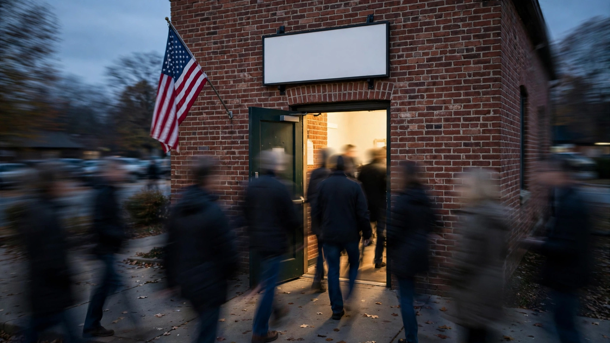 Blurred voters entering a small-town polling place at dusk, with an American flag by the door