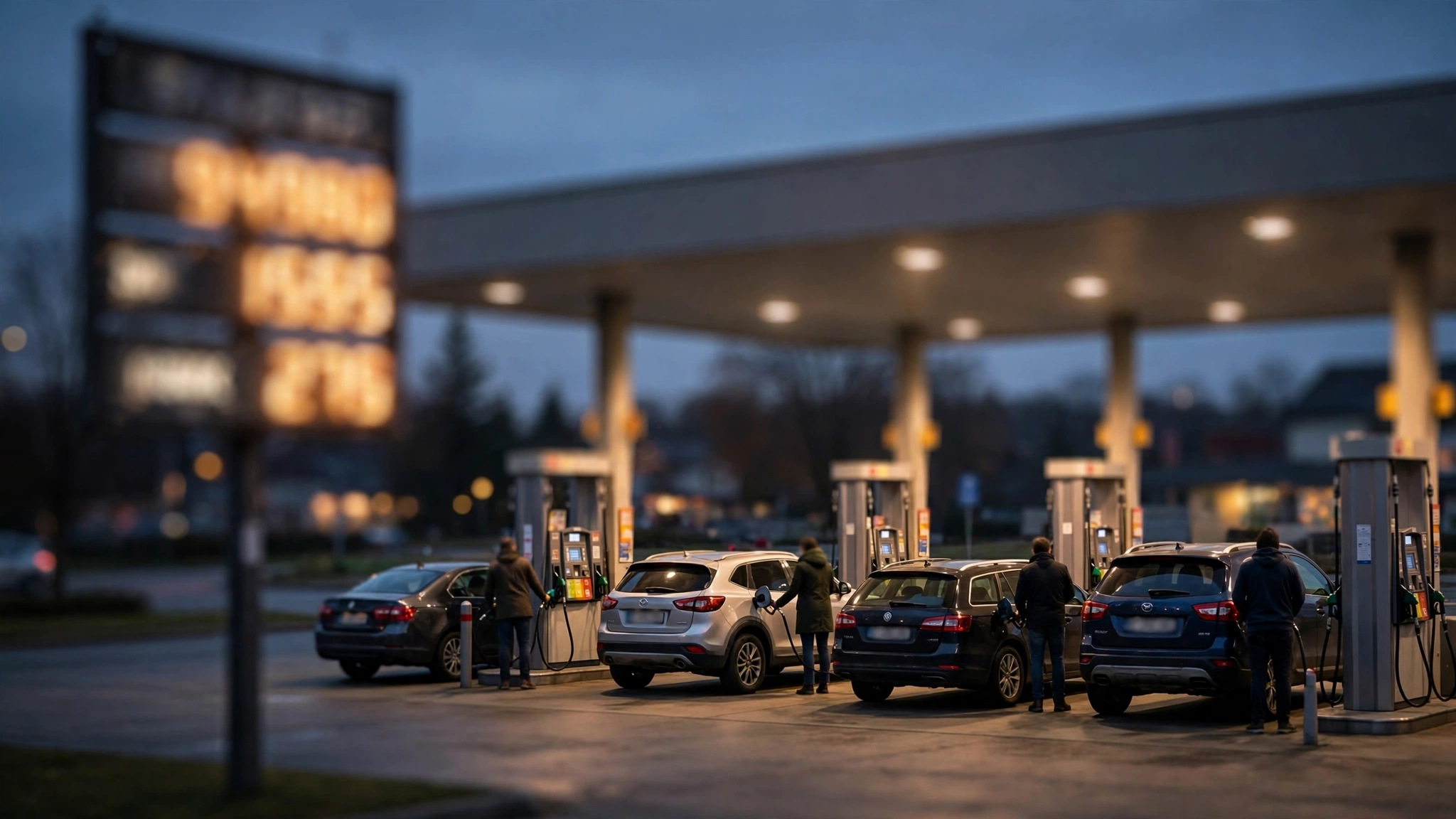 A gas station price sign with blurred numbers at dusk, cars refueling