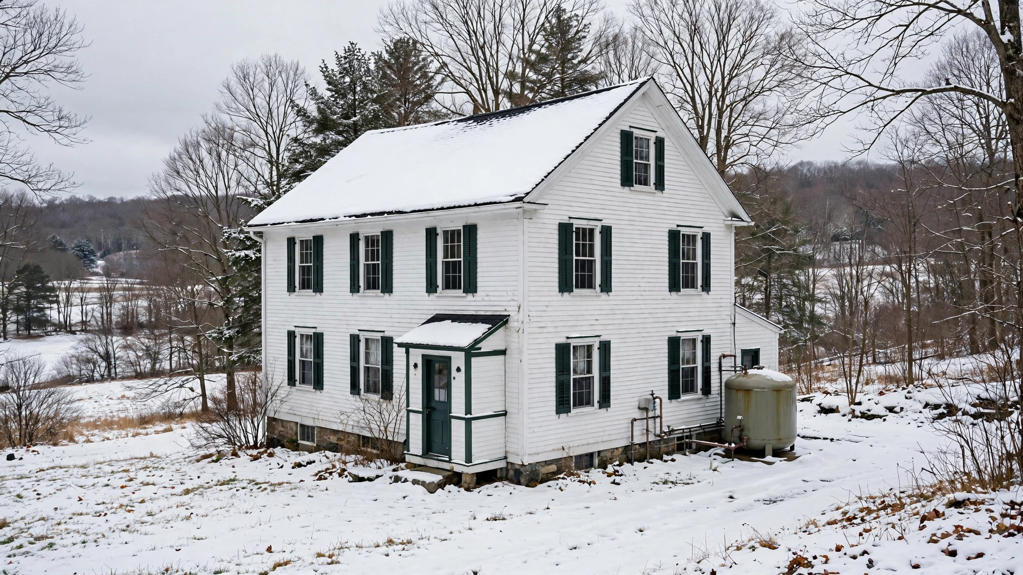 A snow-covered rural New England house in winter with a home heating oil tank