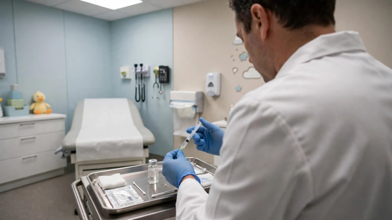 A doctor in blue gloves preparing a syringe in a pediatric exam room