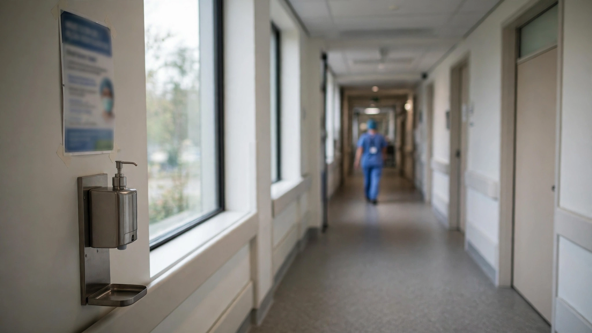 A hospital corridor with a hand sanitizer station and a masked worker walking away