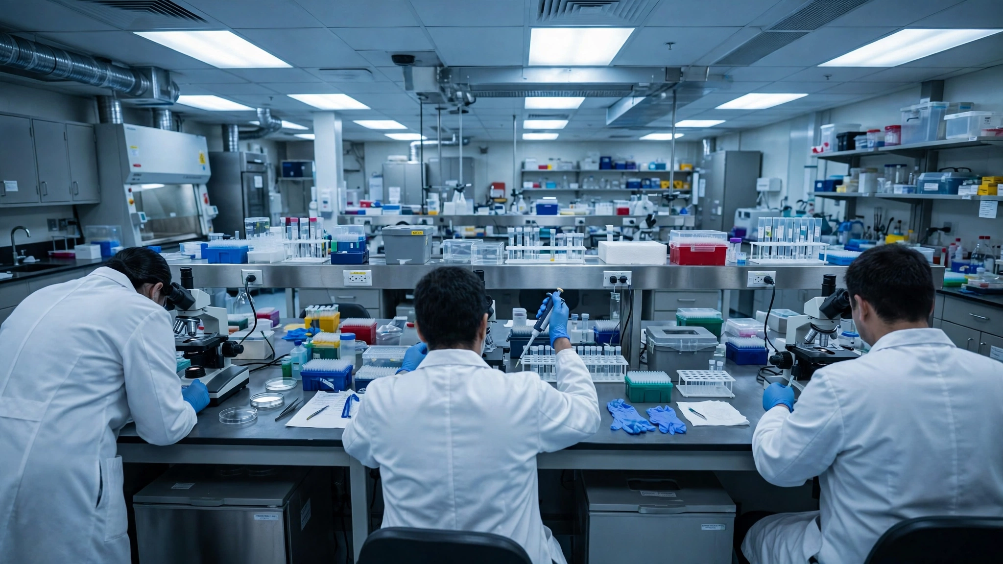 Anonymous technicians in white coats working in a public health laboratory