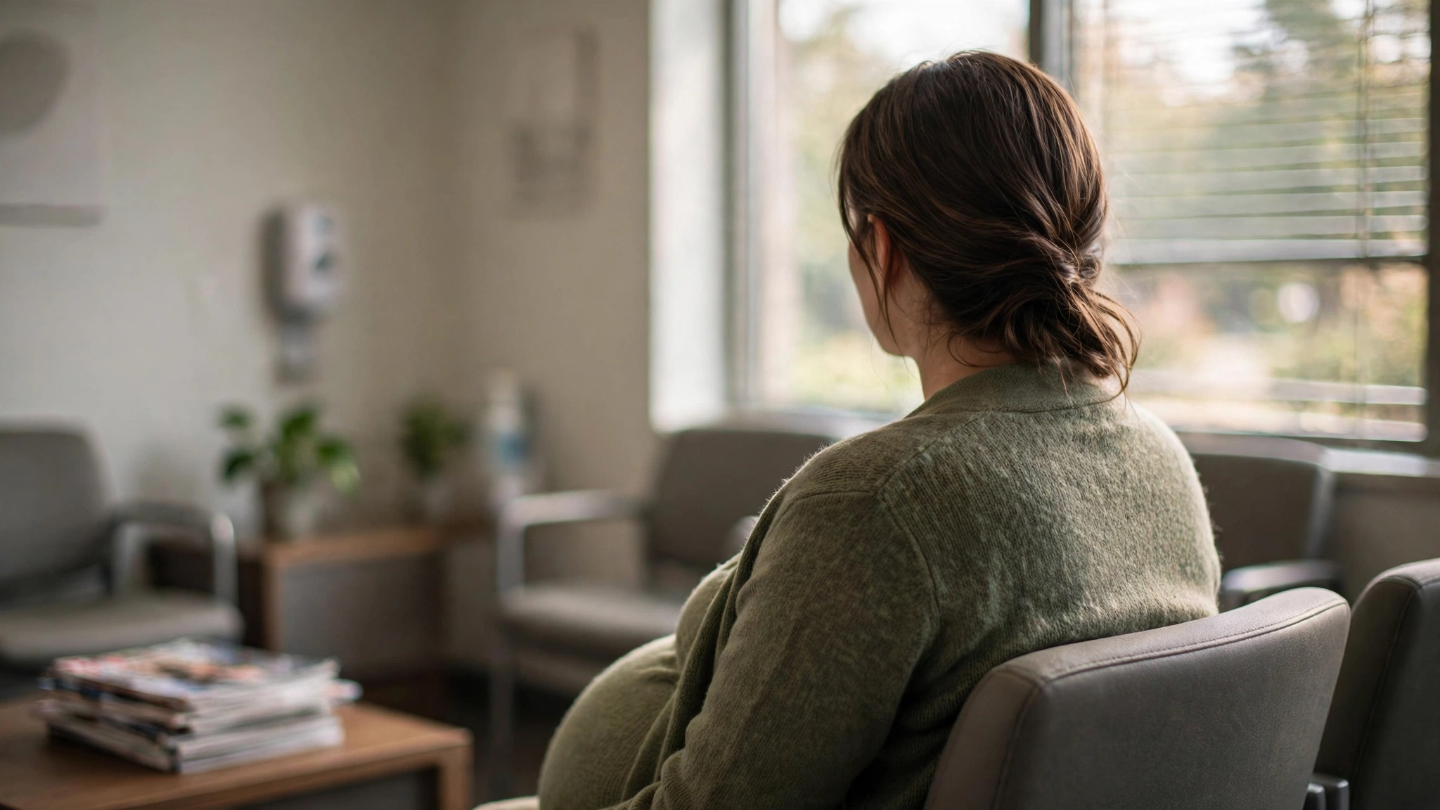 A pregnant woman seen from behind sitting in a doctor's office waiting room