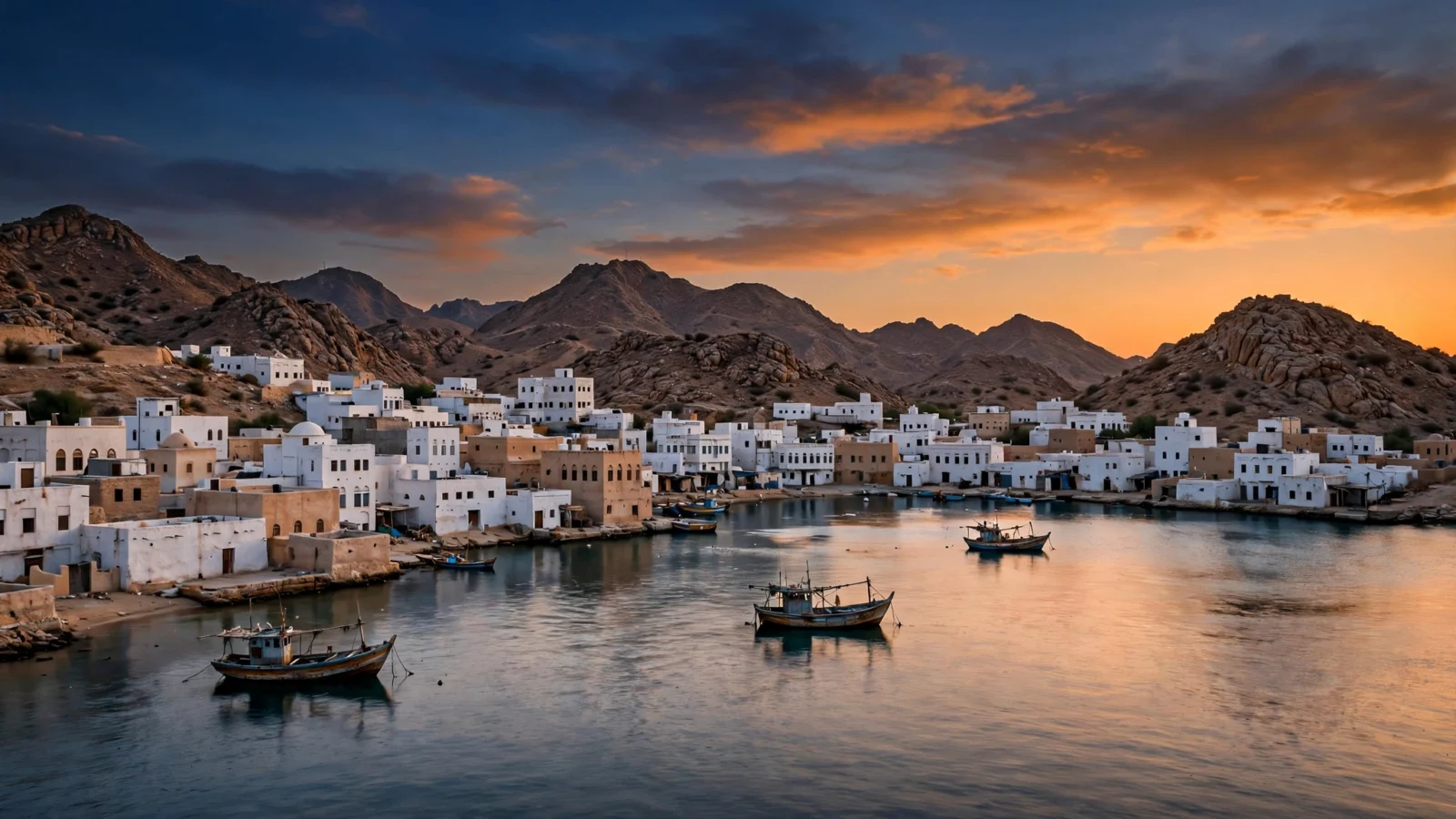Sunset over whitewashed buildings clustered around a bay with fishing boats in the water
