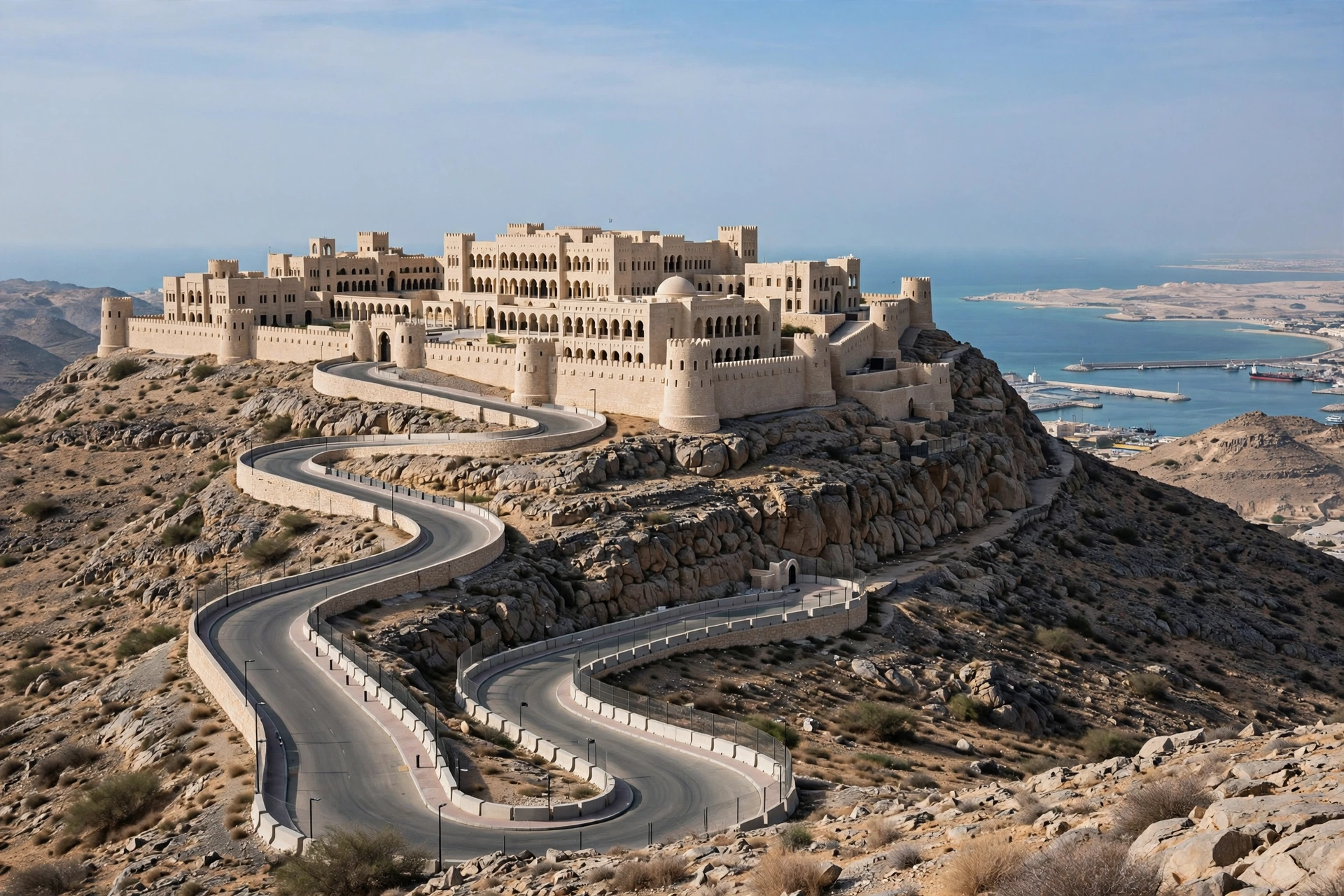 A large sand-colored government palace complex on a rocky hilltop overlooking the sea