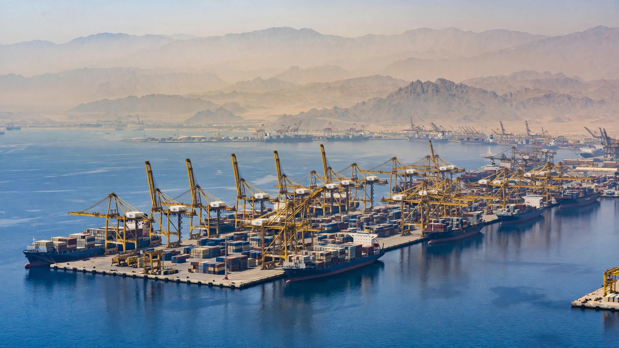 Container ships and cranes at a Middle Eastern commercial port
