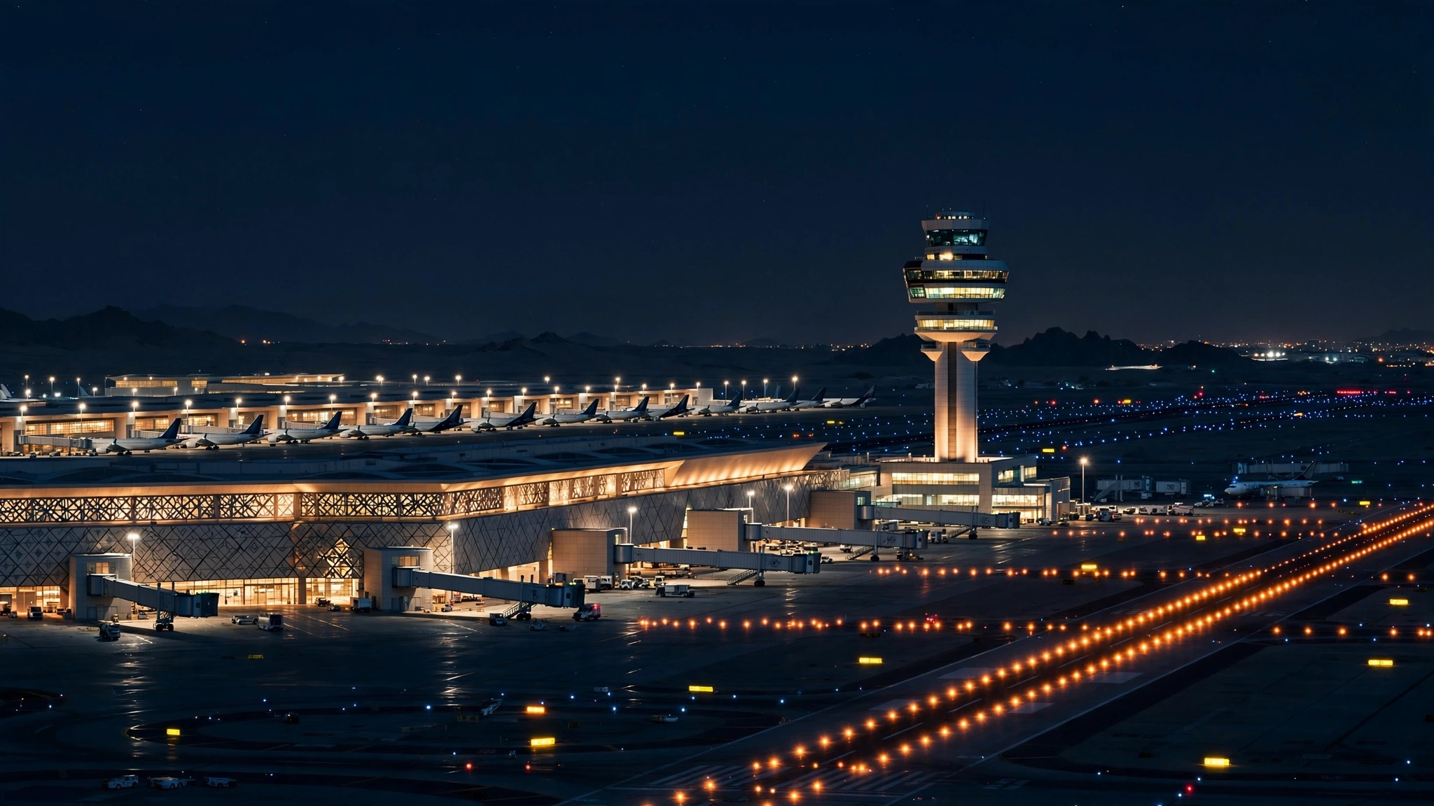 An international airport in the Middle East at night, with a control tower and runway lights