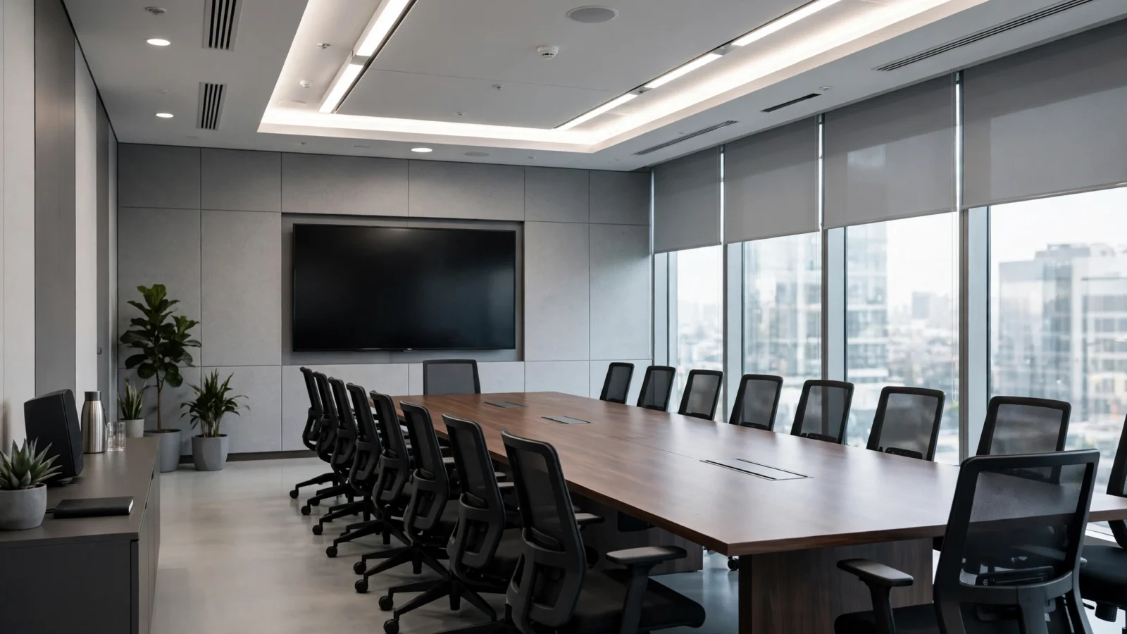 An empty corporate conference room with a wall-mounted television screen