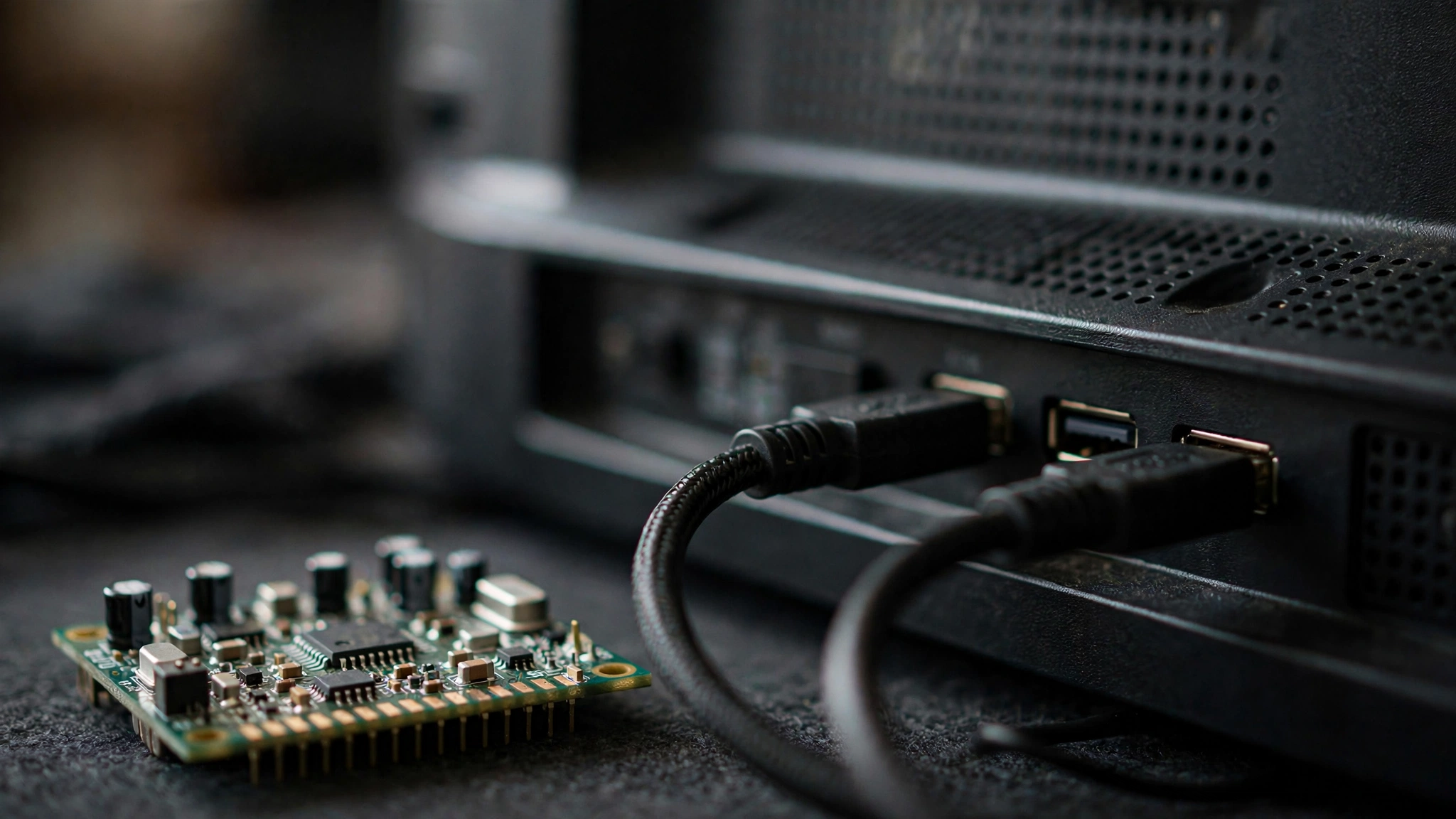 A small circuit board beside cables plugged into USB ports on the back of a television