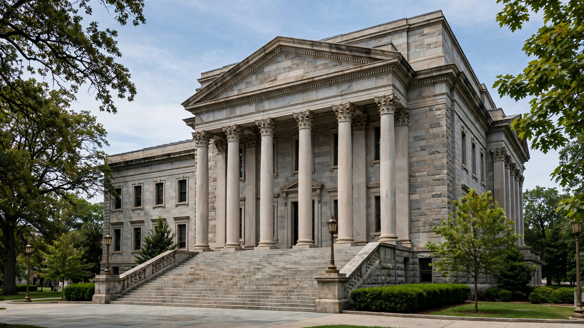 The stone facade and columns of a federal courthouse building