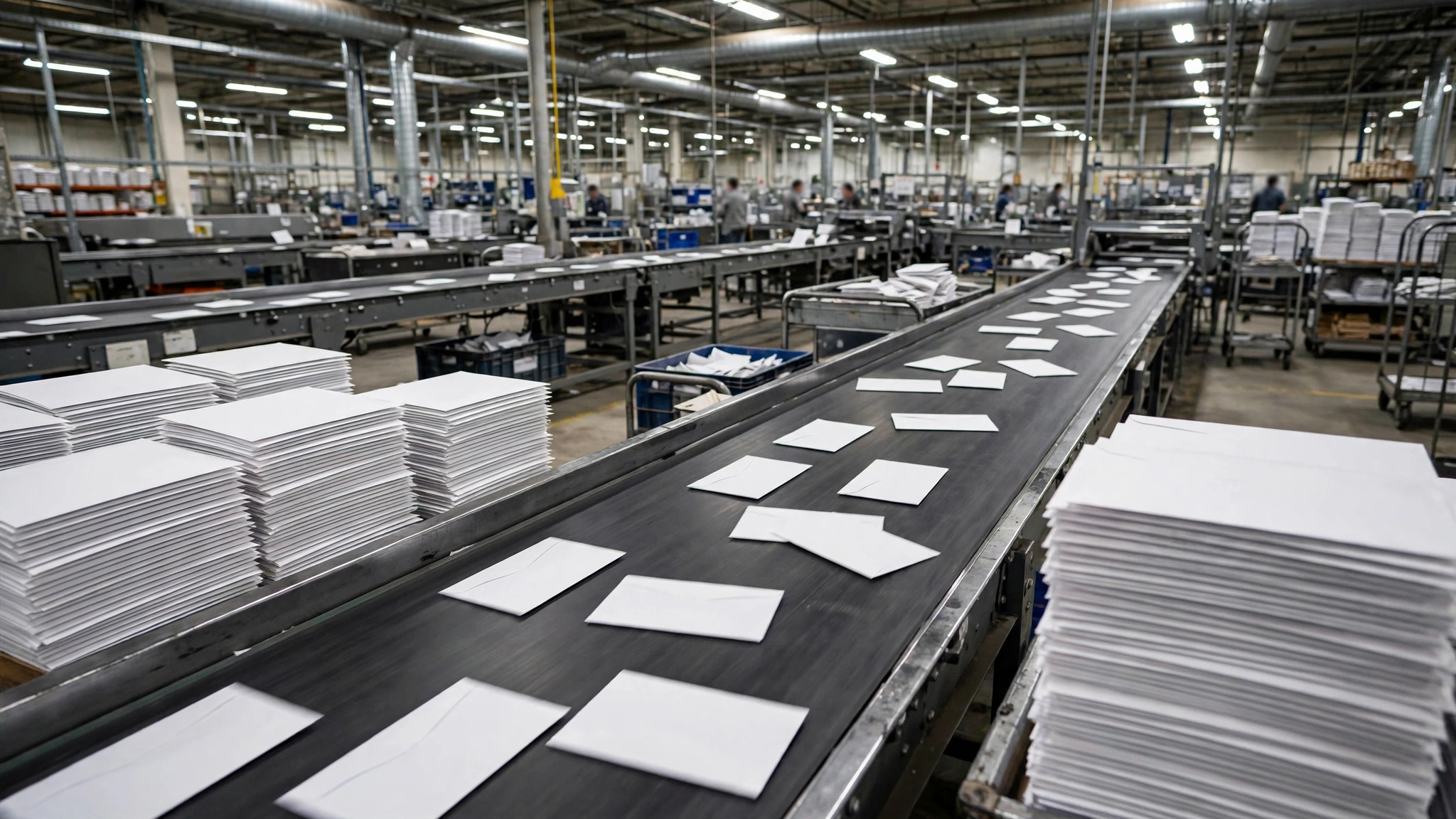White envelopes moving on conveyor belts inside a postal mail sorting facility