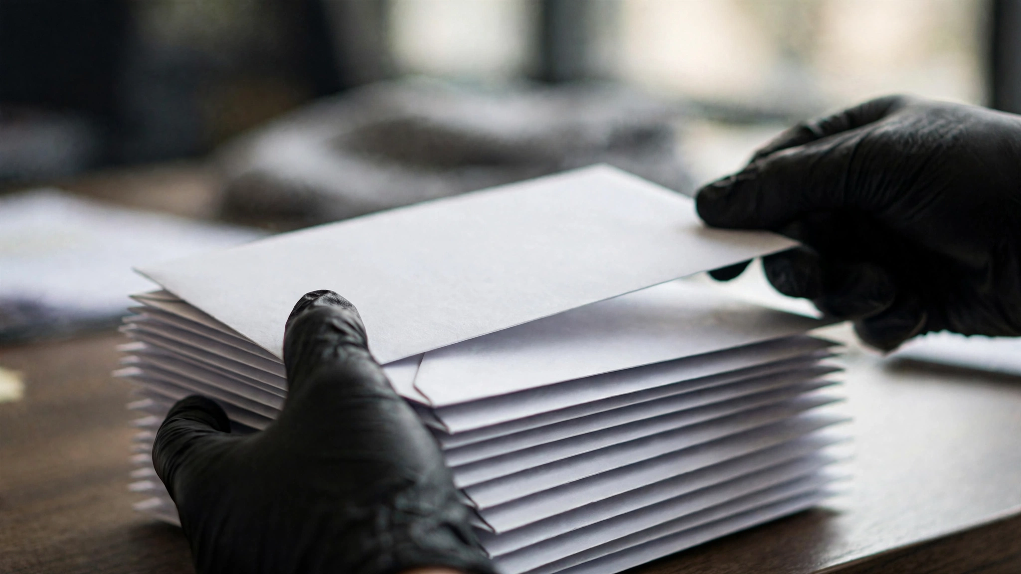 A person wearing black gloves holding a plain white envelope over a stack of envelopes