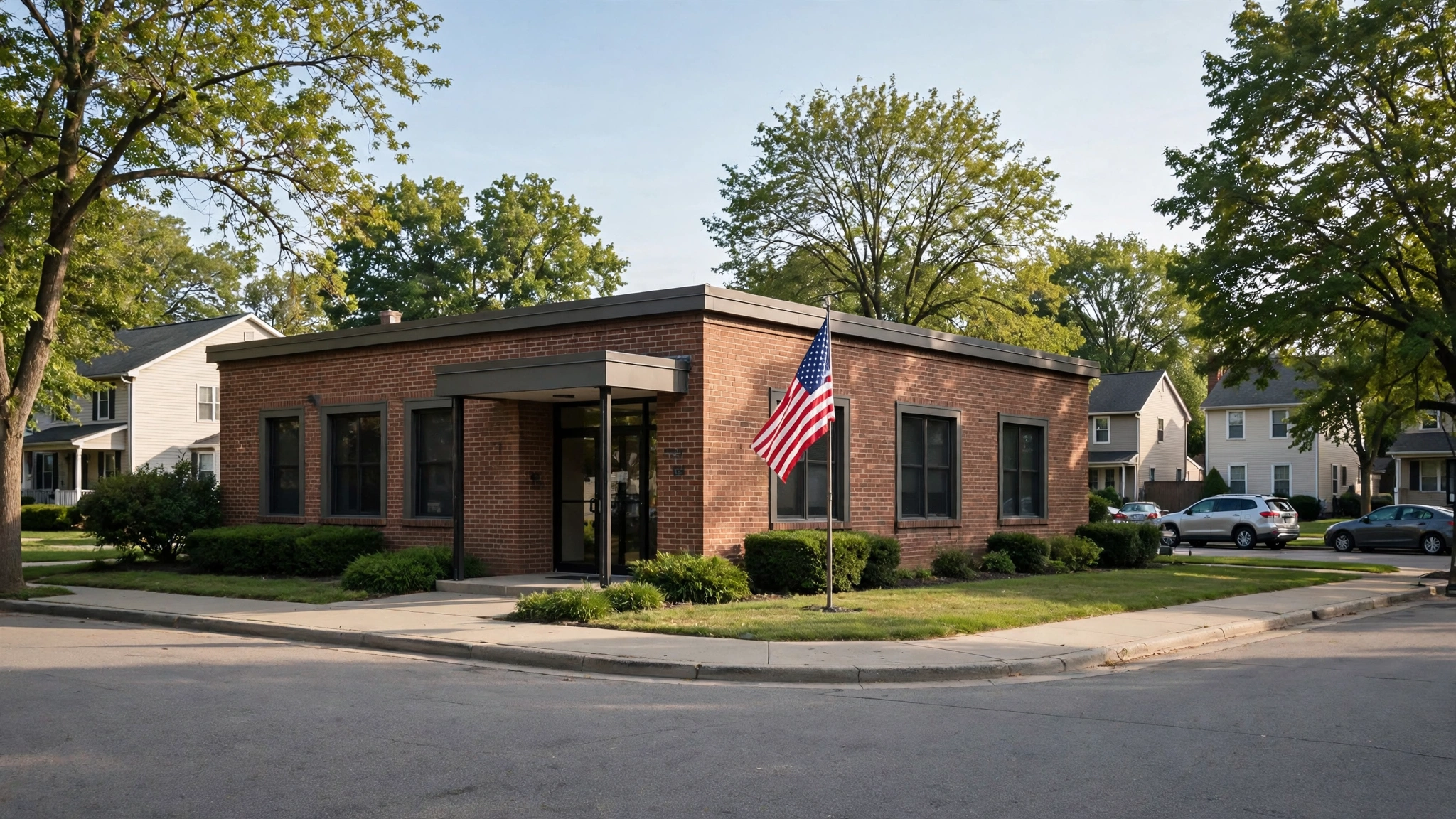 A brick congressional district office building with an American flag on a suburban street