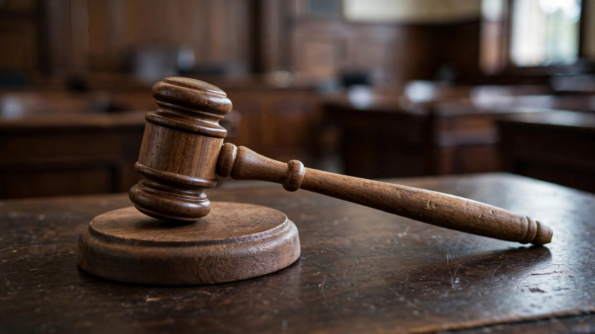 A wooden judge's gavel resting on a sound block on a dark courtroom desk