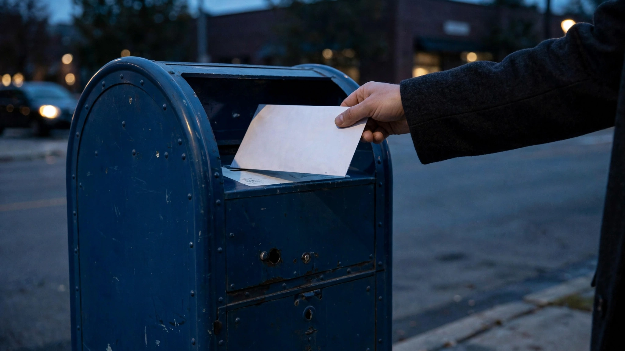 An anonymous person's hand dropping a sealed envelope into a blue mail collection box at dusk