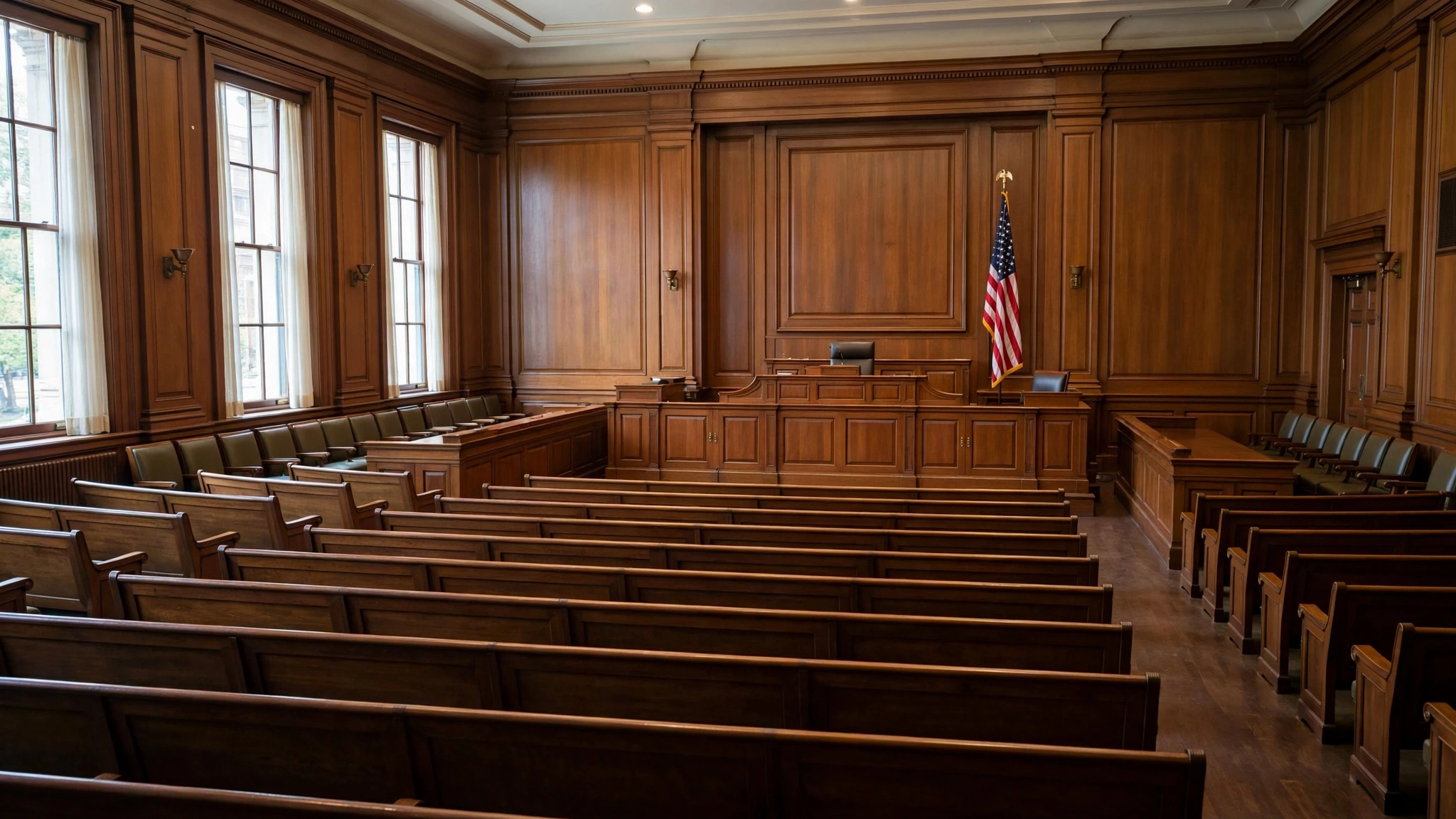 Interior of an empty federal courtroom with wood paneling, judge's bench and an American flag