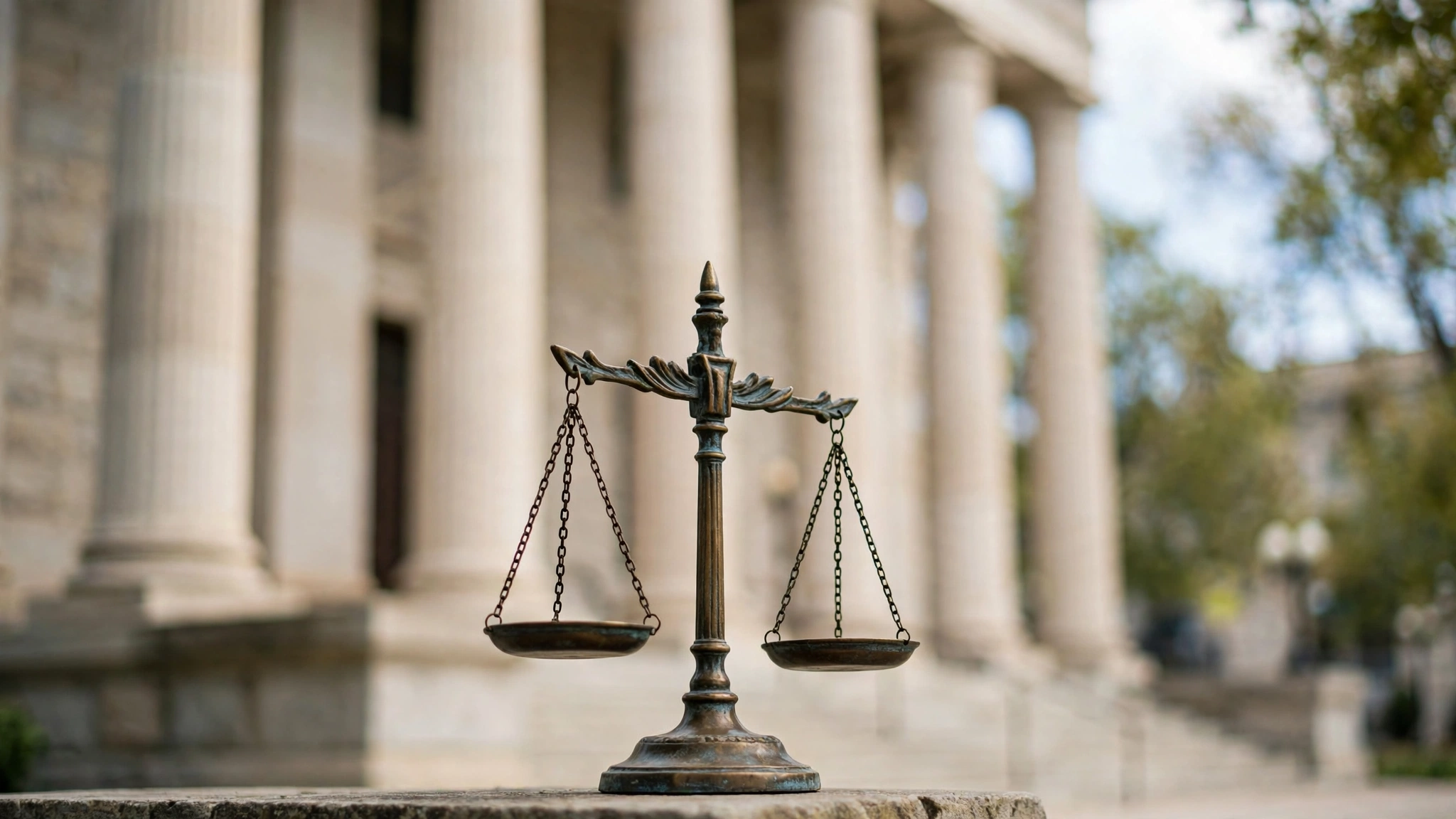 Bronze scales of justice statue in front of stone courthouse columns