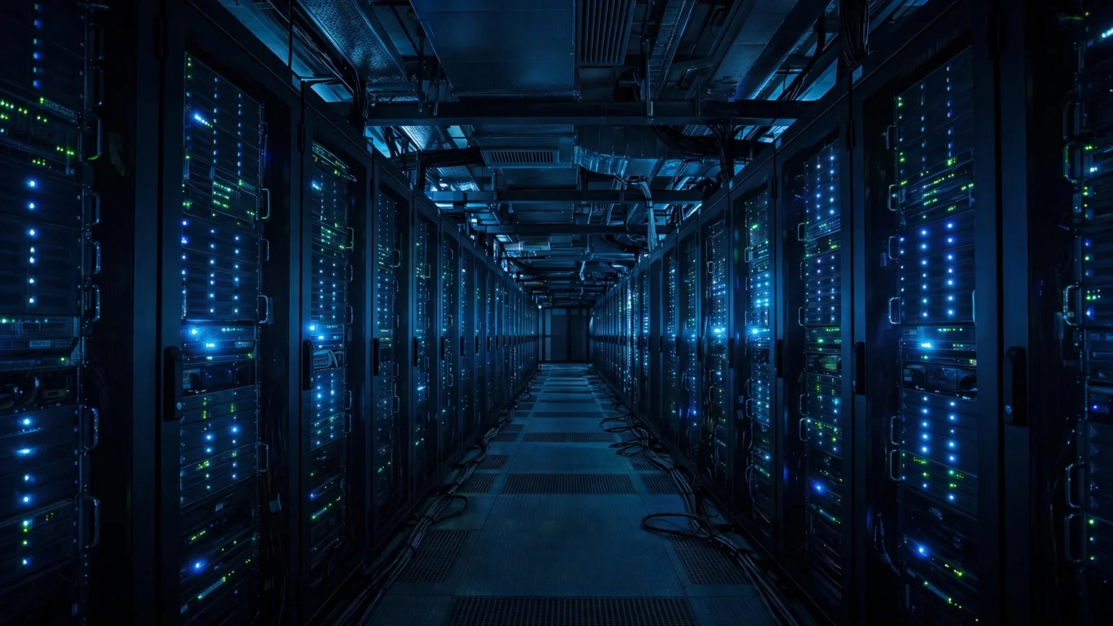 A dark data center corridor lined with server racks and blinking indicator lights